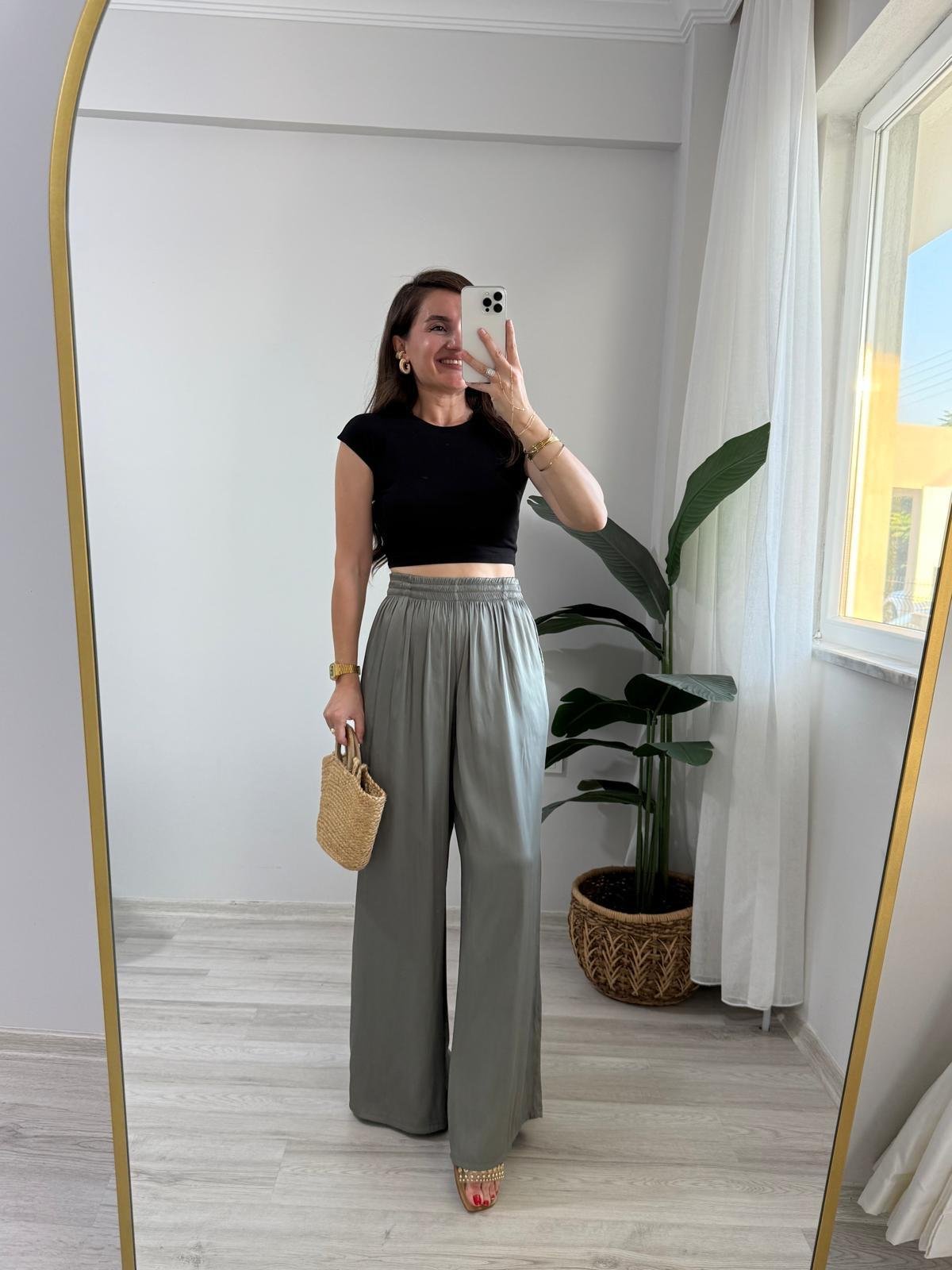 Haki Bel Lastikli Geniş Paça Pantolon 421