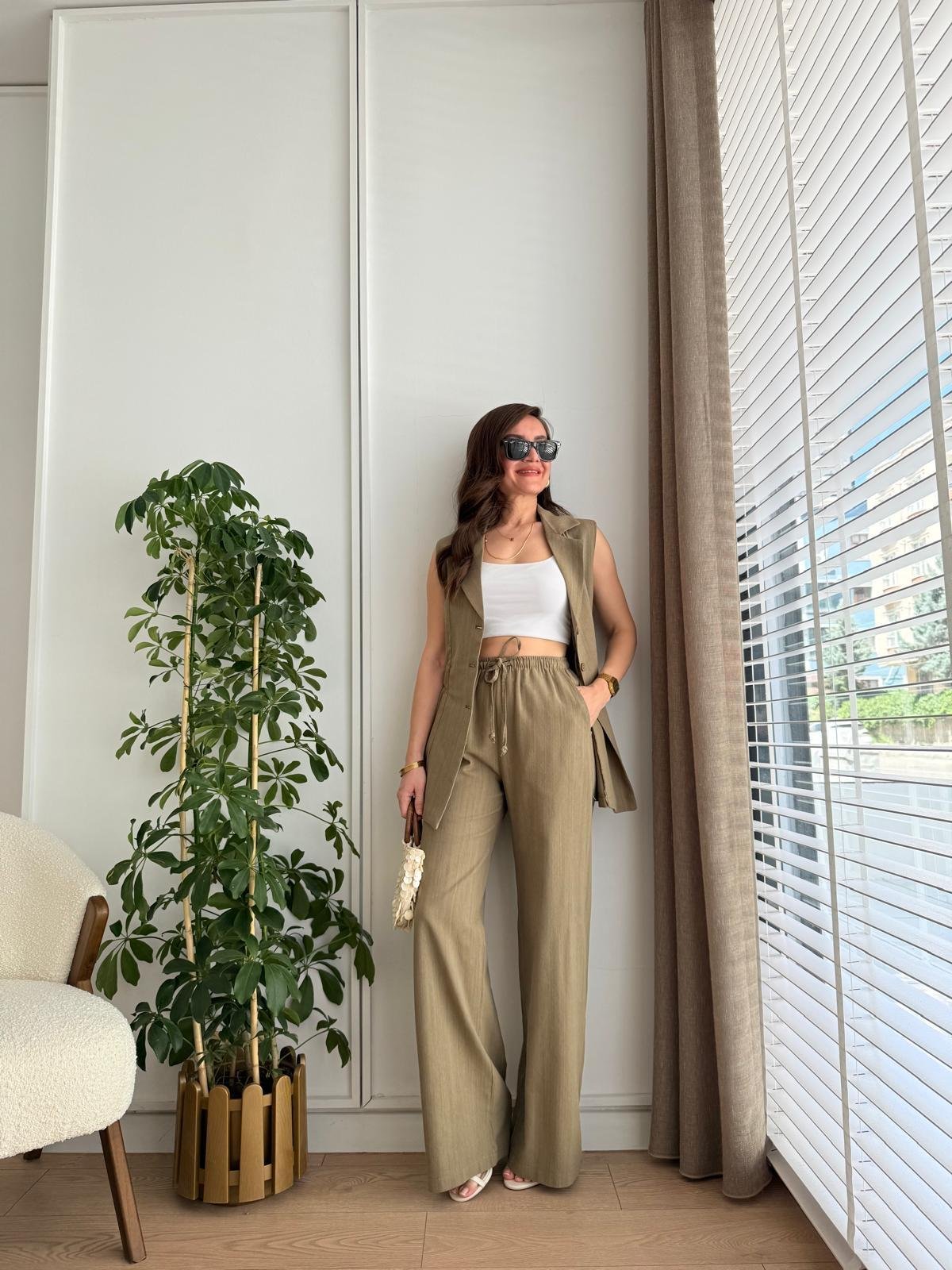 Haki Bel Lastikli Keten Yelek Pantolon Takım 8704
