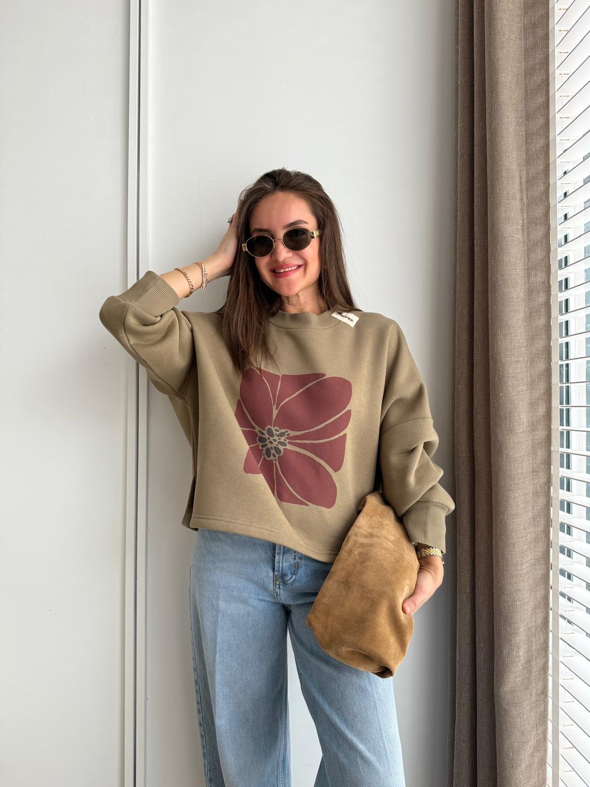 Haki Bisiklet Yaka Çiçek Baskılı Şardonlu Sweatshirt 1087