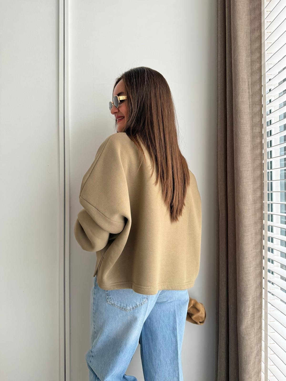 Haki Bisiklet Yaka Çiçek Baskılı Şardonlu Sweatshirt 1087