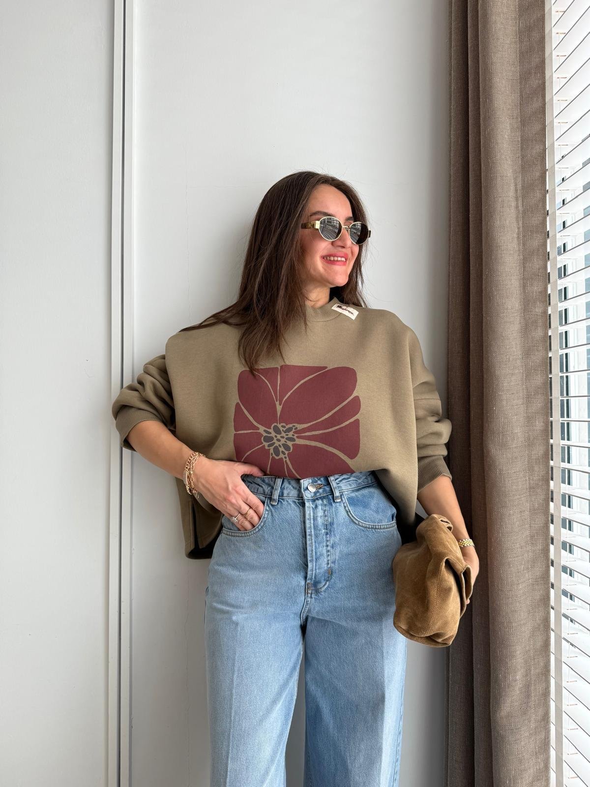 Haki Bisiklet Yaka Çiçek Baskılı Şardonlu Sweatshirt 1087