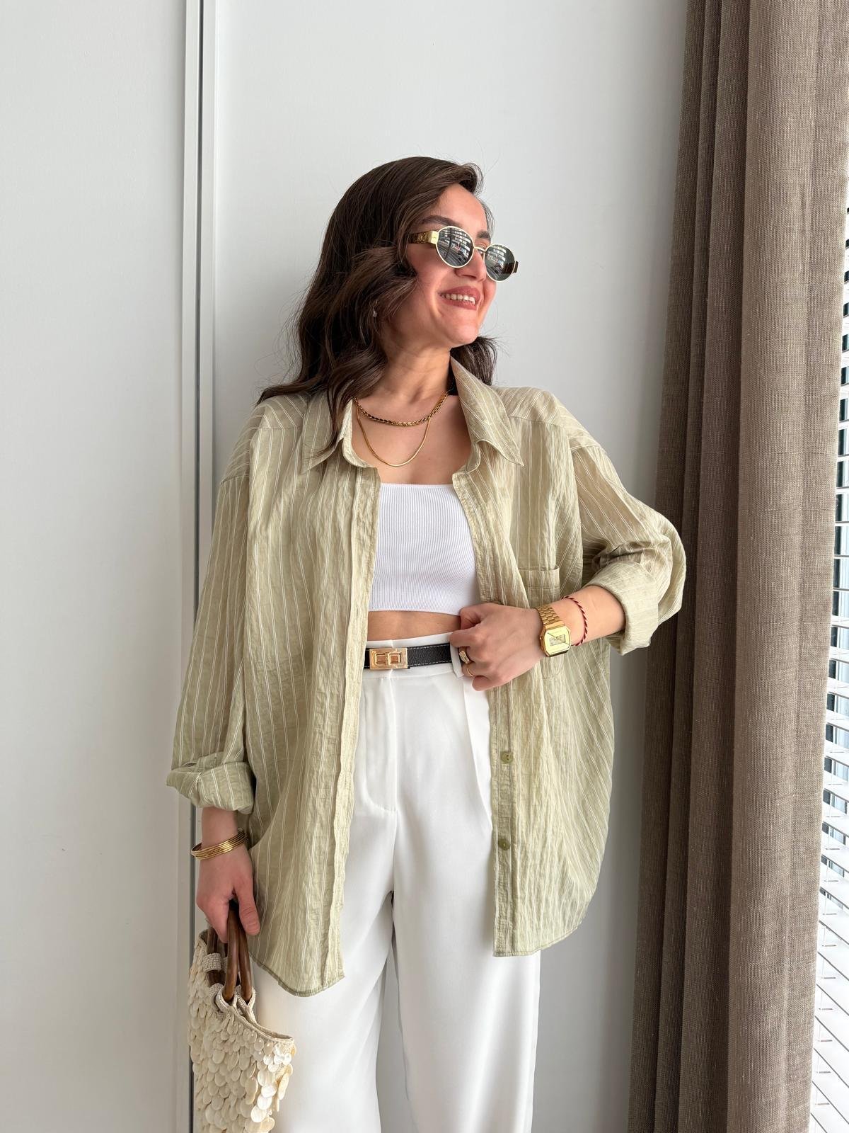 Haki Çizgili Oversize Gömlek 5320