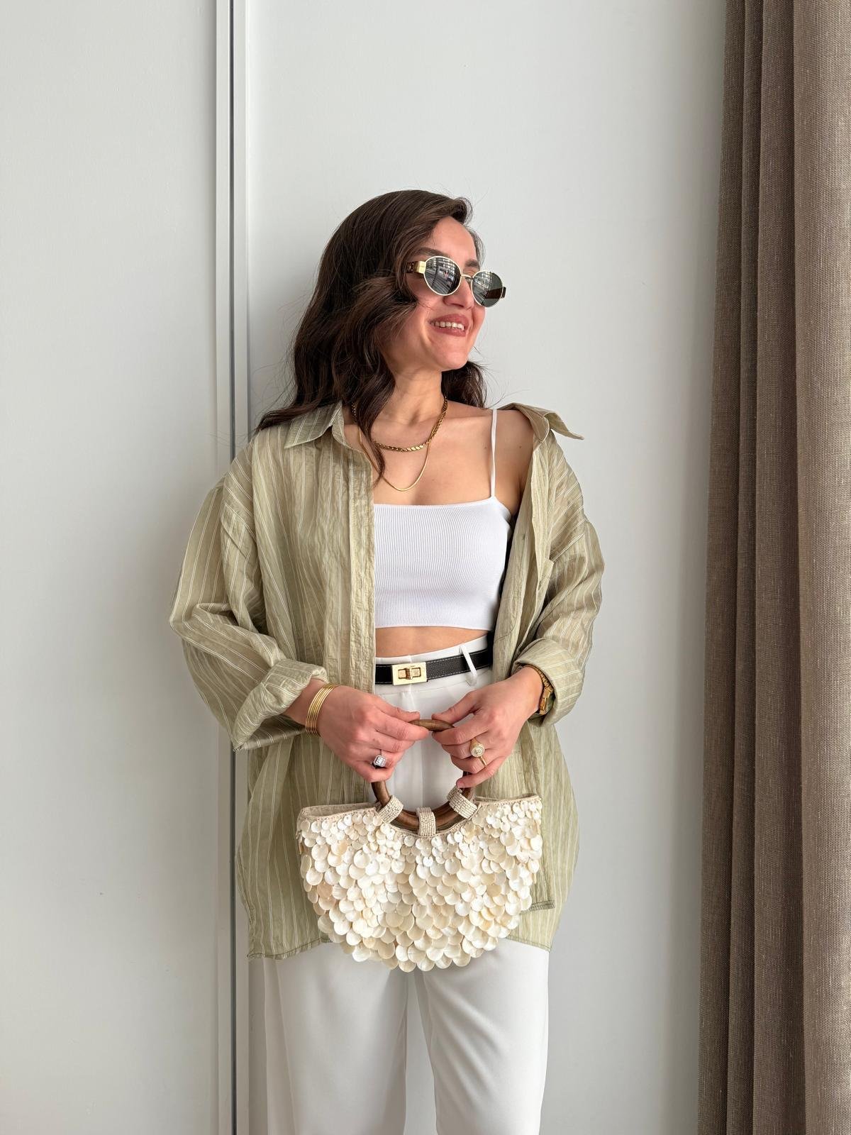 Haki Çizgili Oversize Gömlek 5320