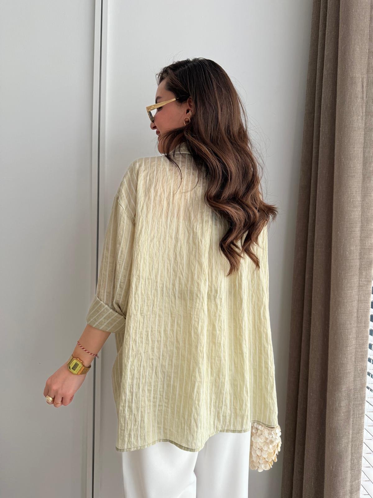 Haki Çizgili Oversize Gömlek 5320