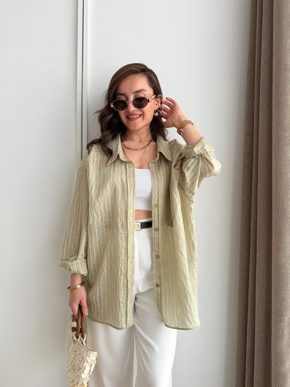 Haki Çizgili Oversize Gömlek 5320