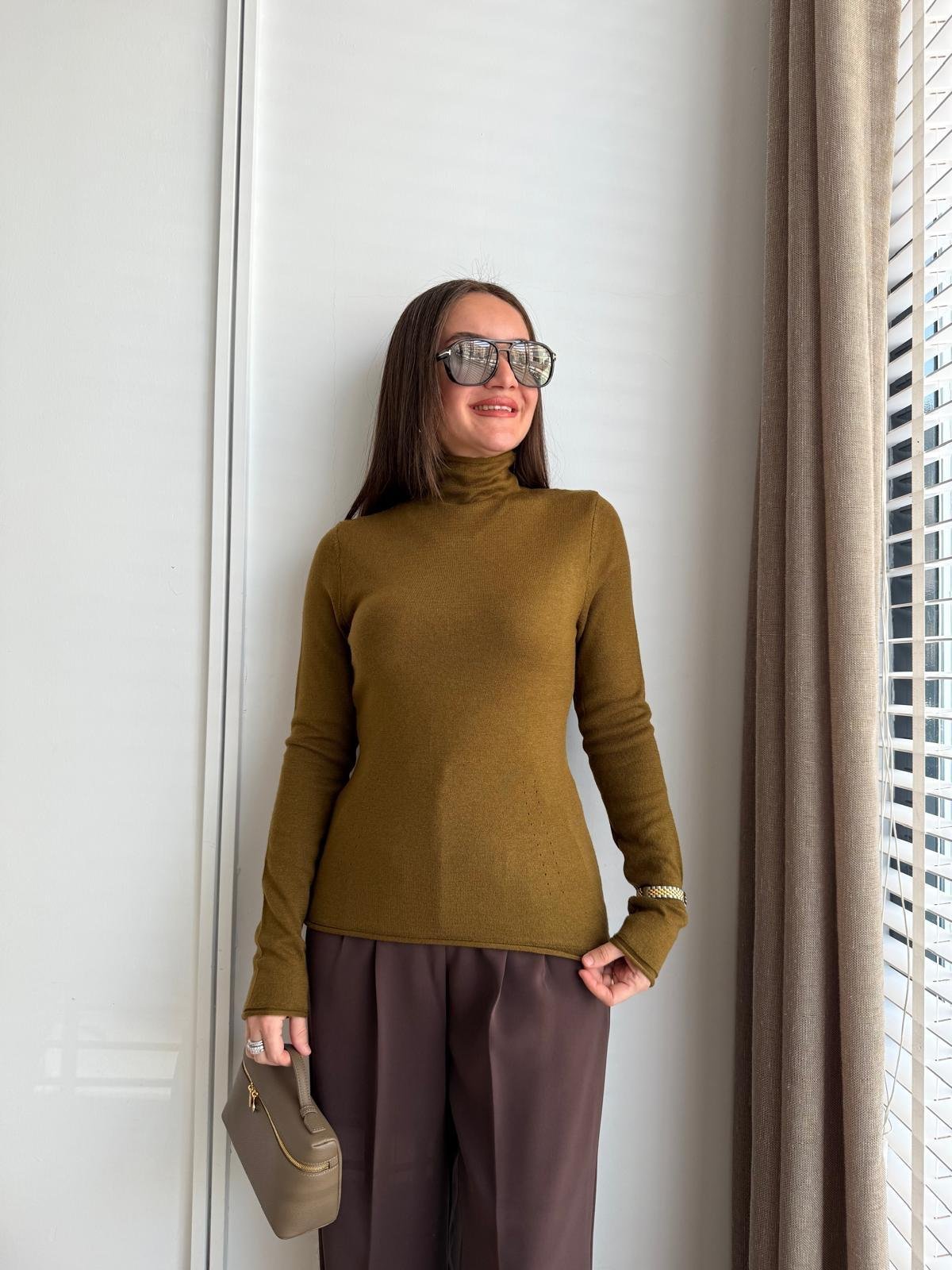 Haki Dik Yaka Basic Triko Kazak 10714