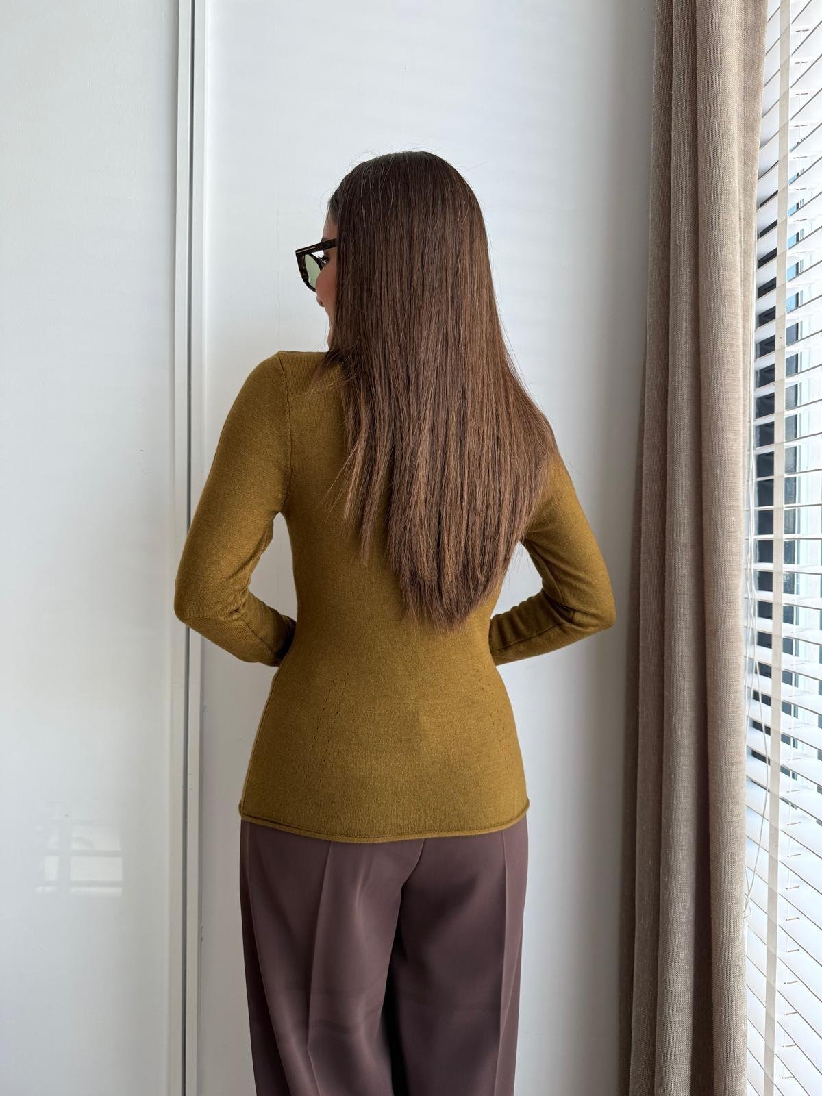 Haki Dik Yaka Basic Triko Kazak 10714