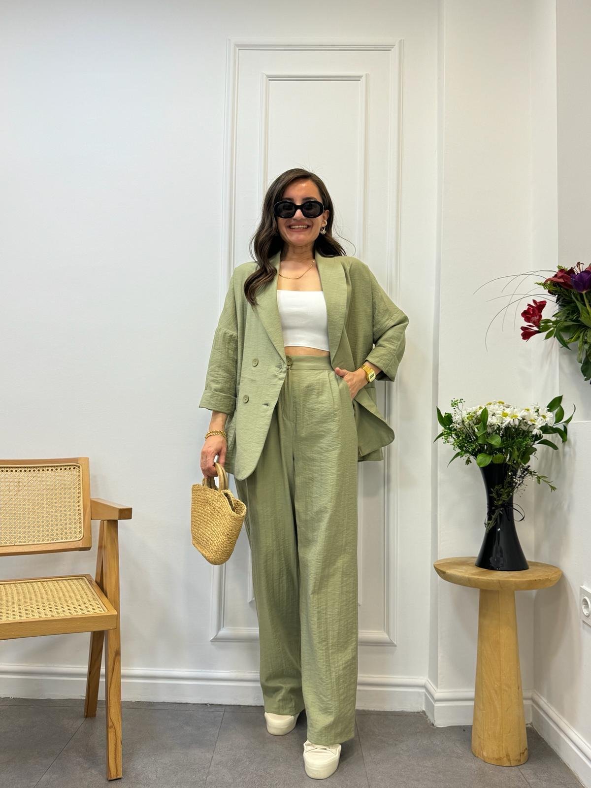 Haki Dört Düğmeli Blazer Pantolon Keten Takım 9006