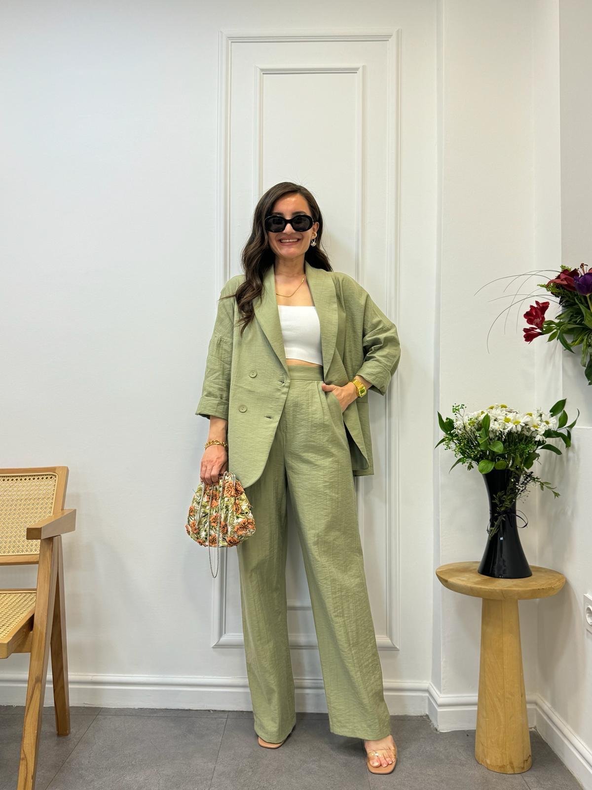 Haki Dört Düğmeli Blazer Pantolon Keten Takım 9006