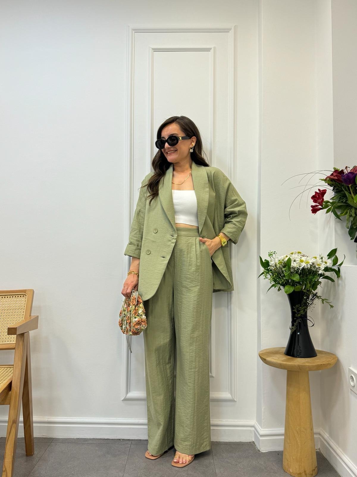 Haki Dört Düğmeli Blazer Pantolon Keten Takım 9006