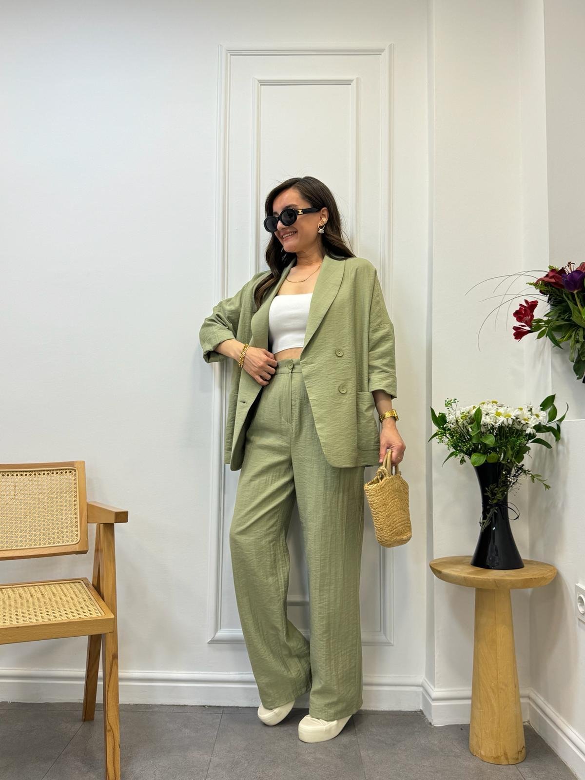 Haki Dört Düğmeli Blazer Pantolon Keten Takım 9006