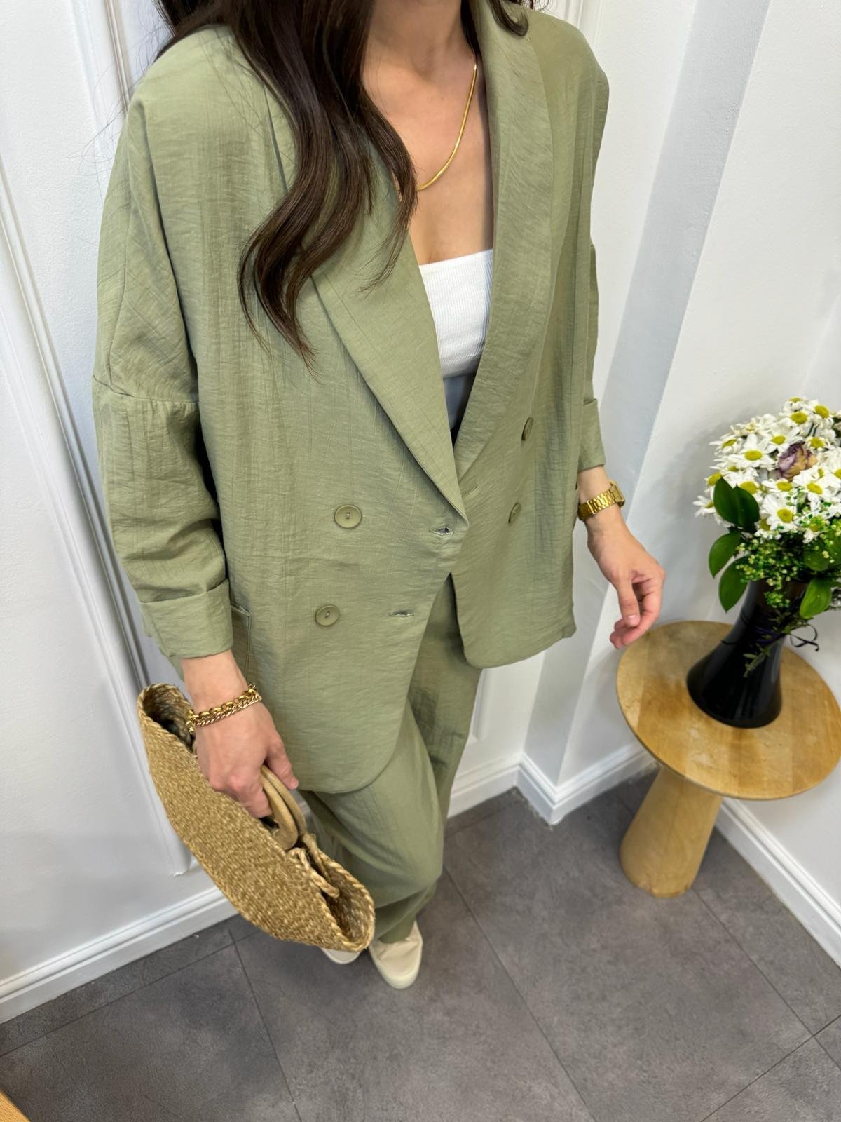Haki Dört Düğmeli Blazer Pantolon Keten Takım 9006