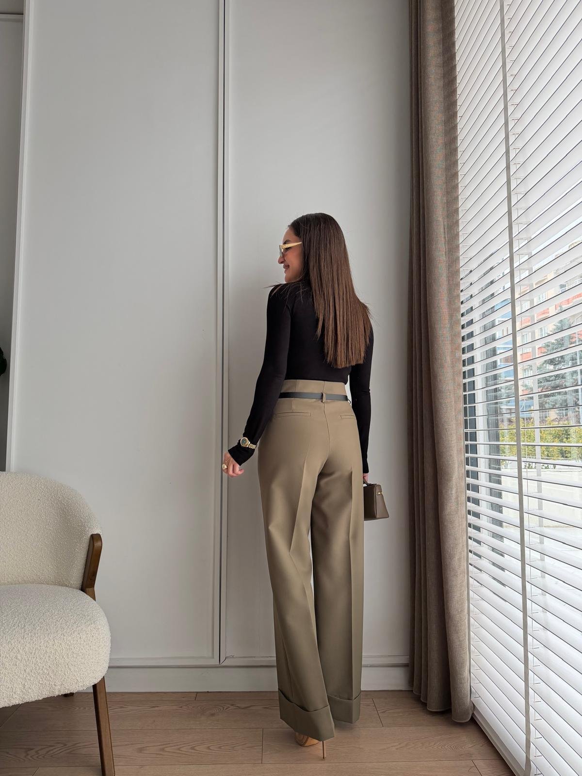 Haki Double Paça Kemerli Palazzo Pantolon 3841