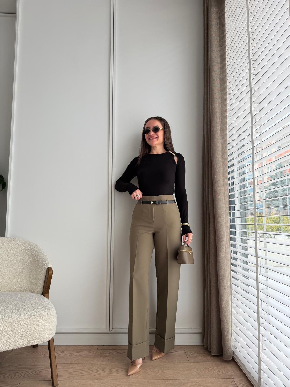 Haki Double Paça Kemerli Palazzo Pantolon 3841