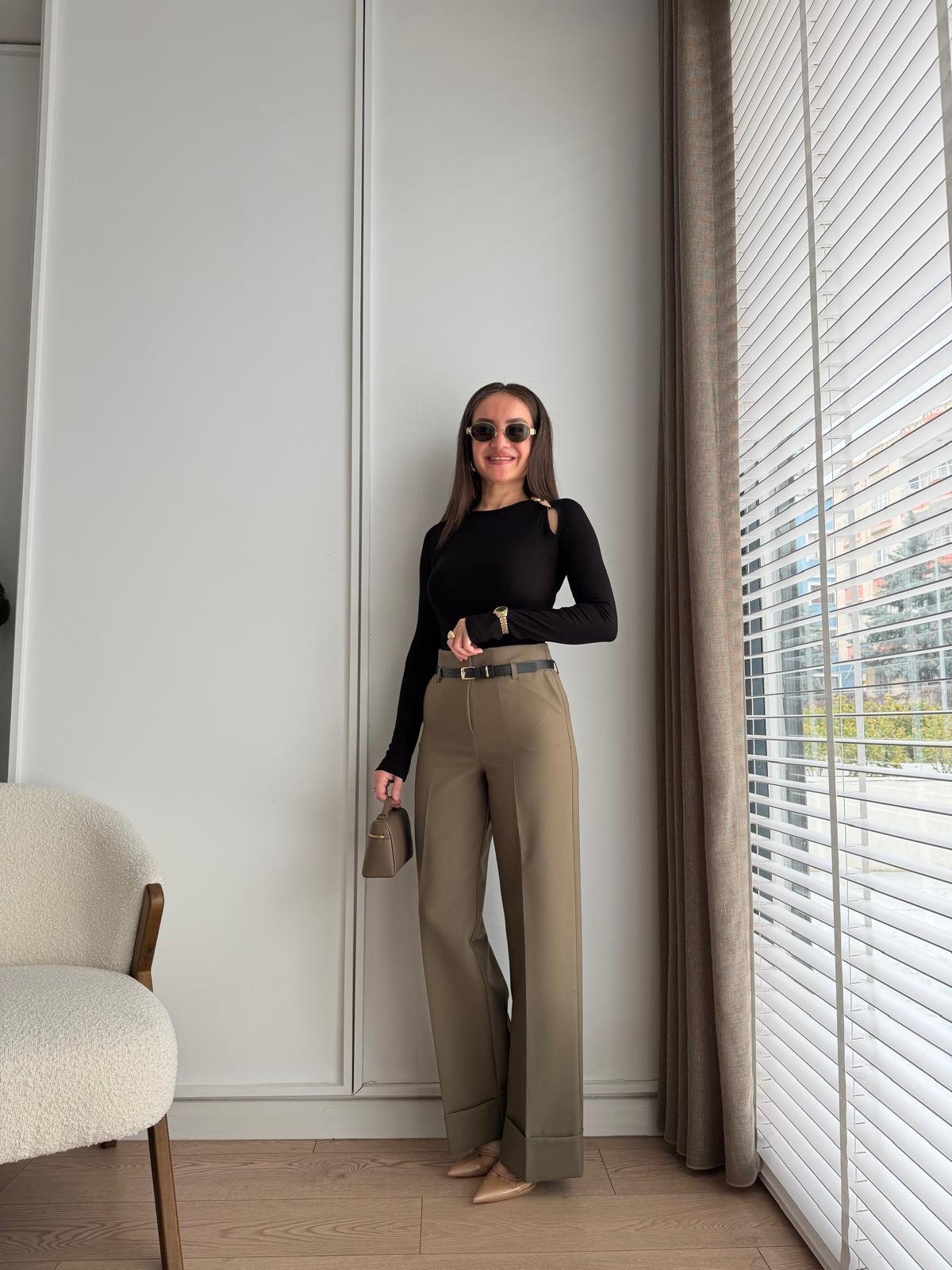 Haki Double Paça Kemerli Palazzo Pantolon 3841