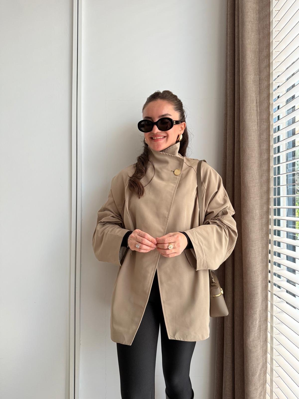 Haki Düğme Detaylı Oversize Trençkot 0188