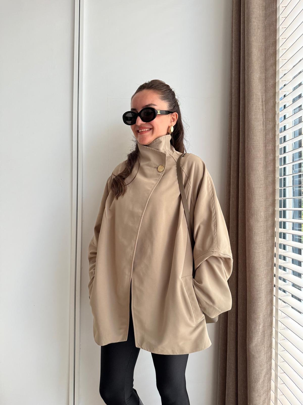 Haki Düğme Detaylı Oversize Trençkot 0188