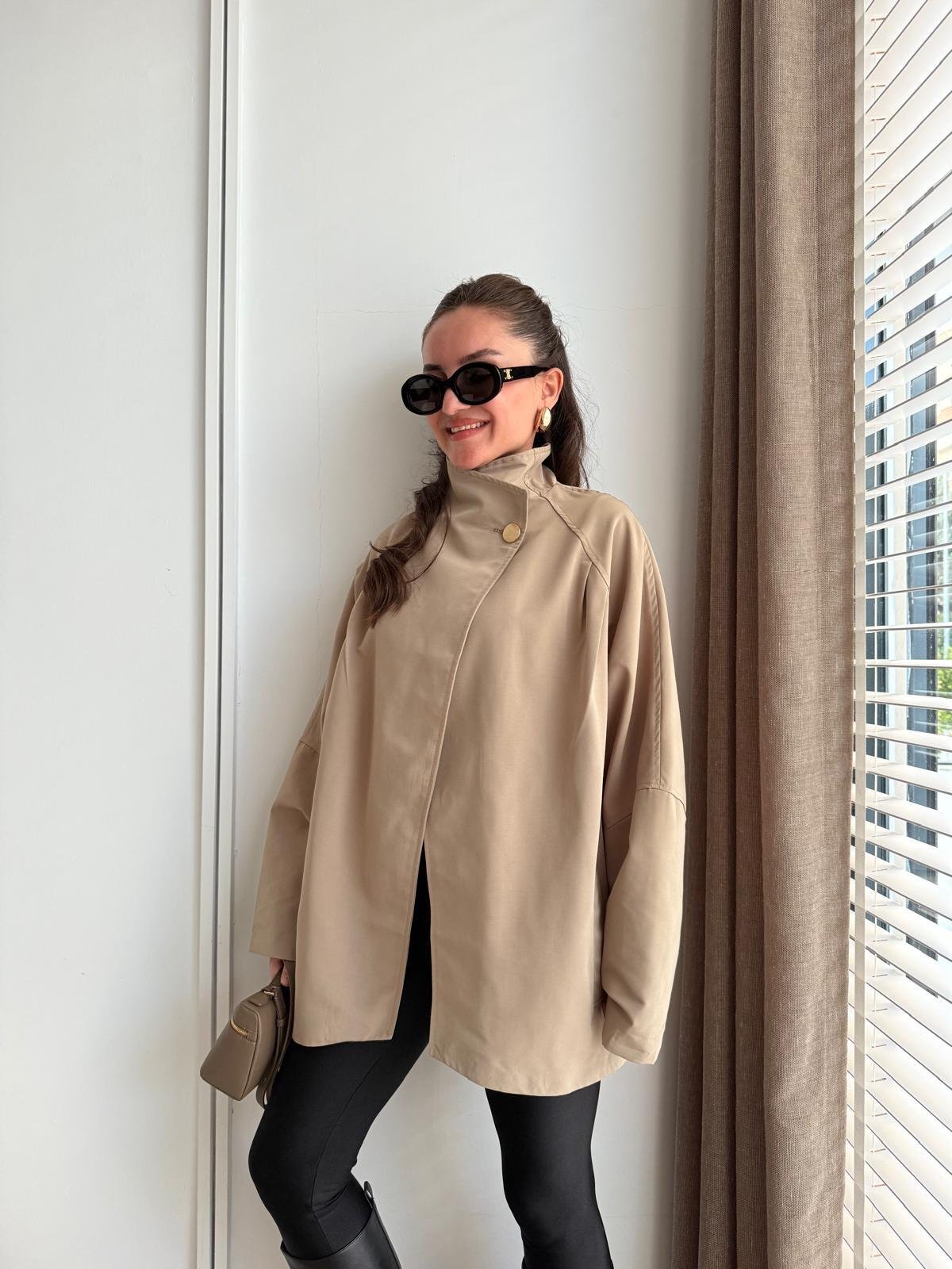 Haki Düğme Detaylı Oversize Trençkot 0188