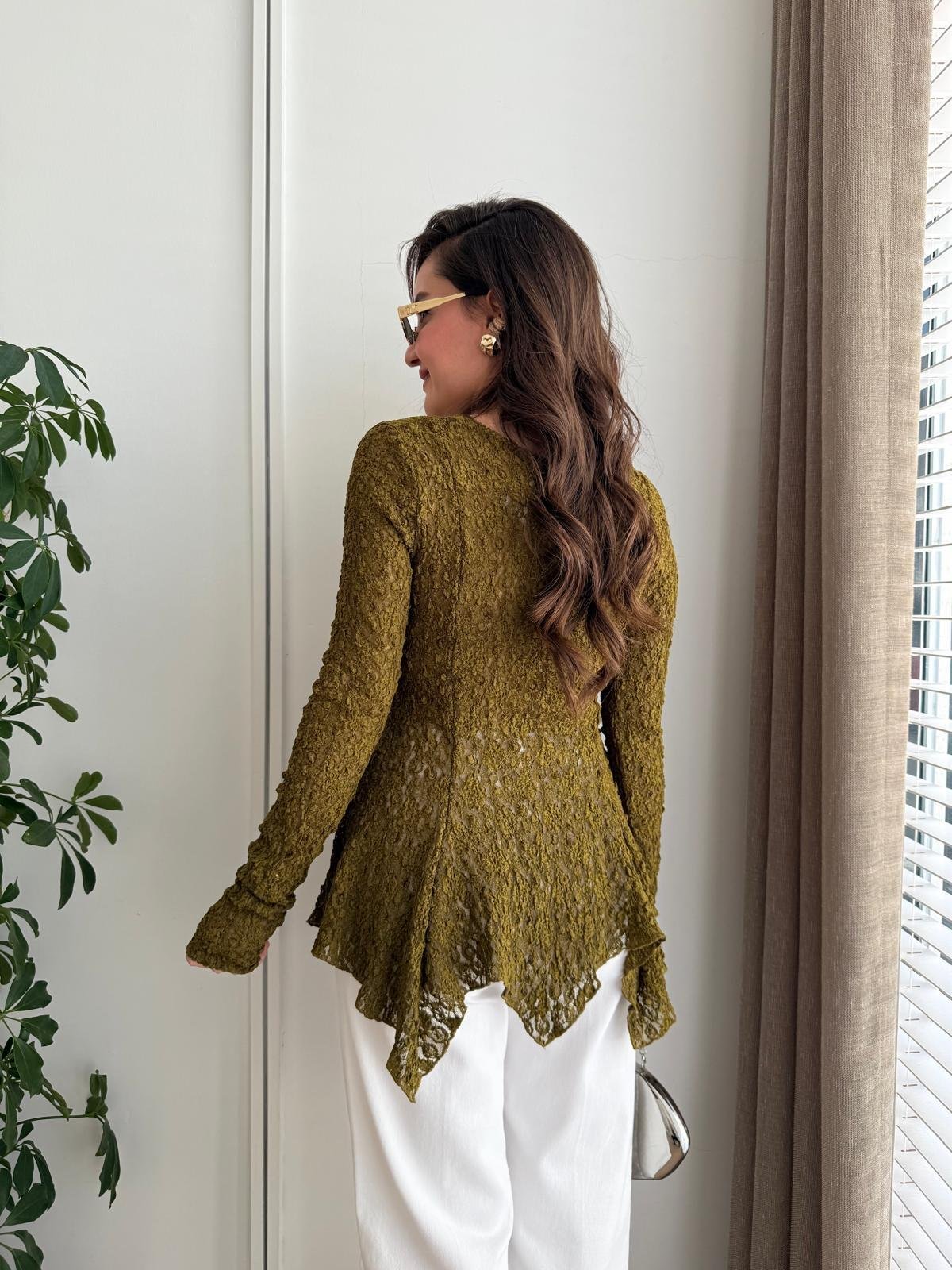 Haki Düğmeli Peplum Dantel Bluz 60433