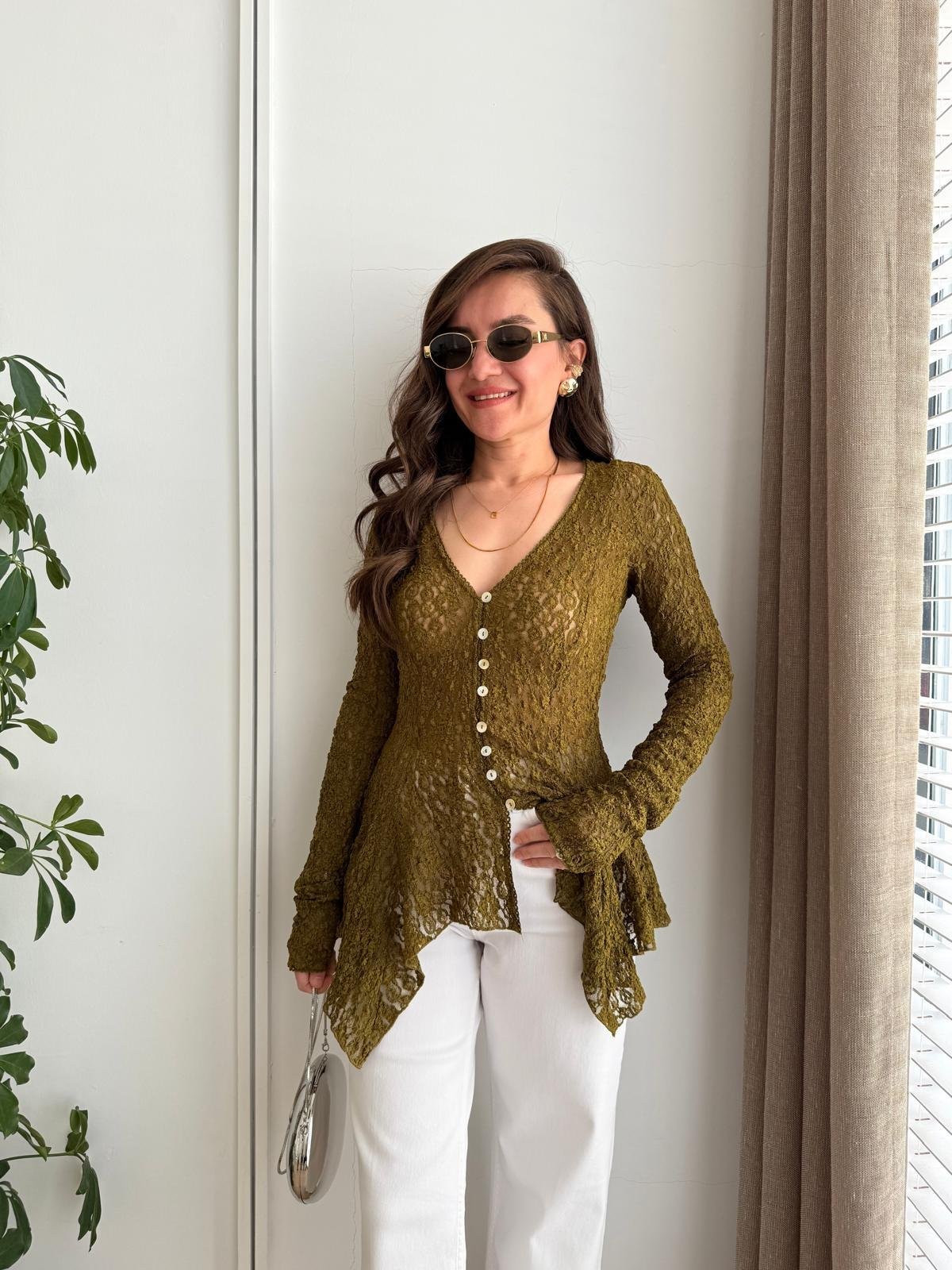 Haki Düğmeli Peplum Dantel Bluz 60433