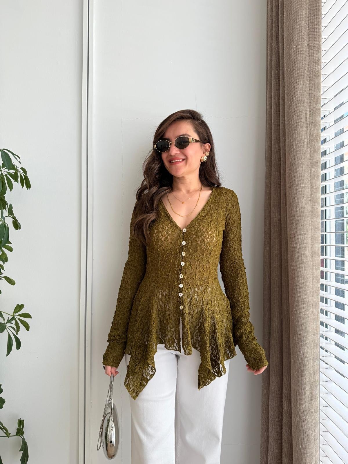 Haki Düğmeli Peplum Dantel Bluz 60433
