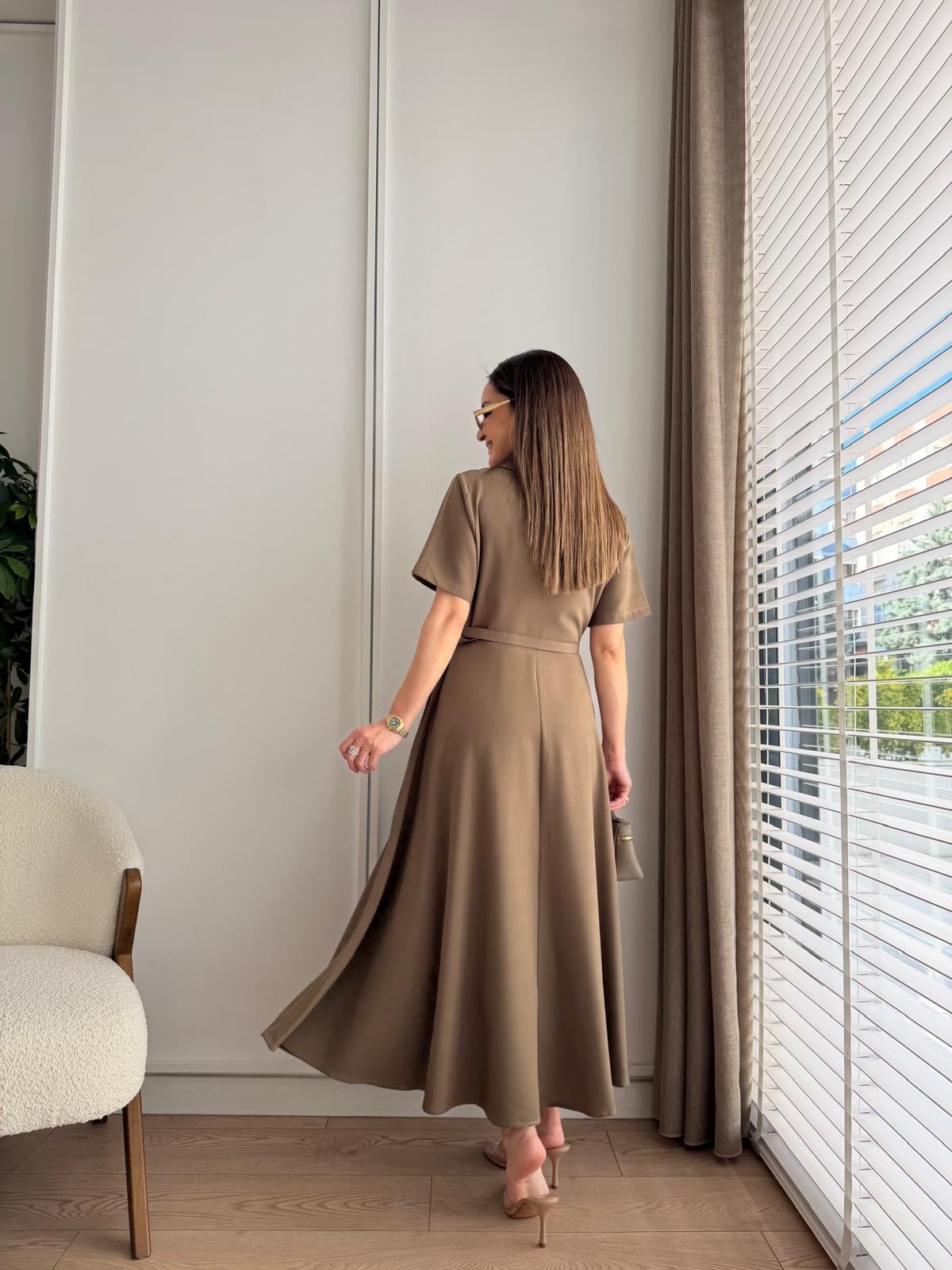 Haki Fermuarlı Kemerli Keten Elbise 2341