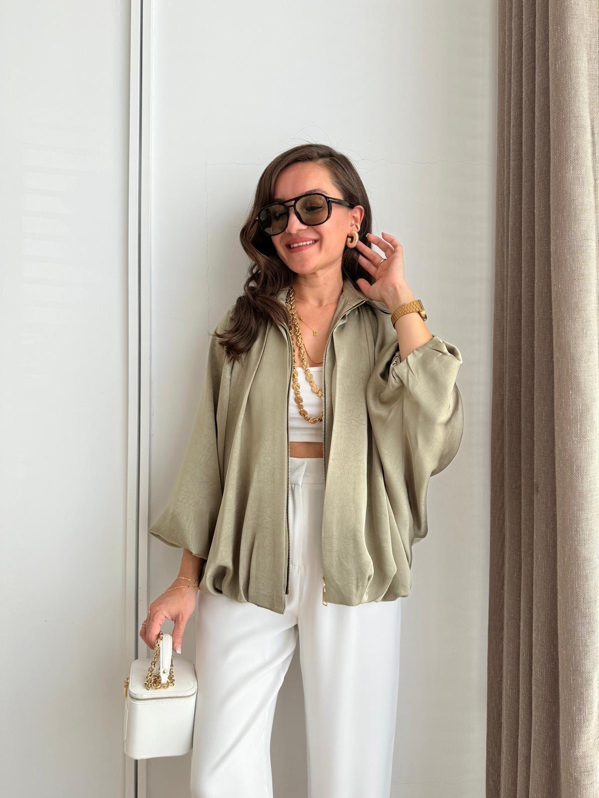 Haki Gold Fermuarlı Saten Bomber Ceket 9584