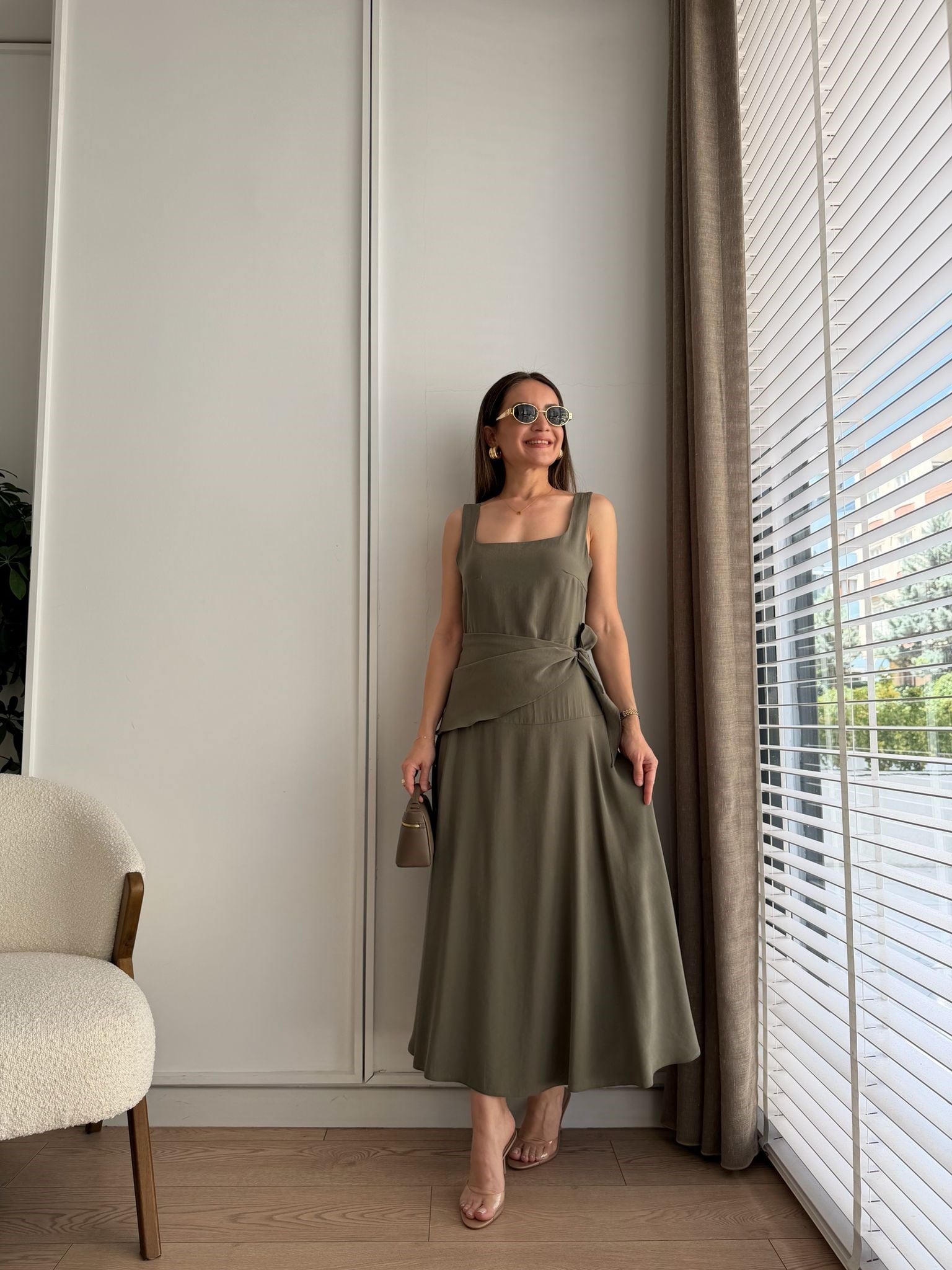 Haki Kare Yaka Yandan Bağlamalı Modal Elbise 0230