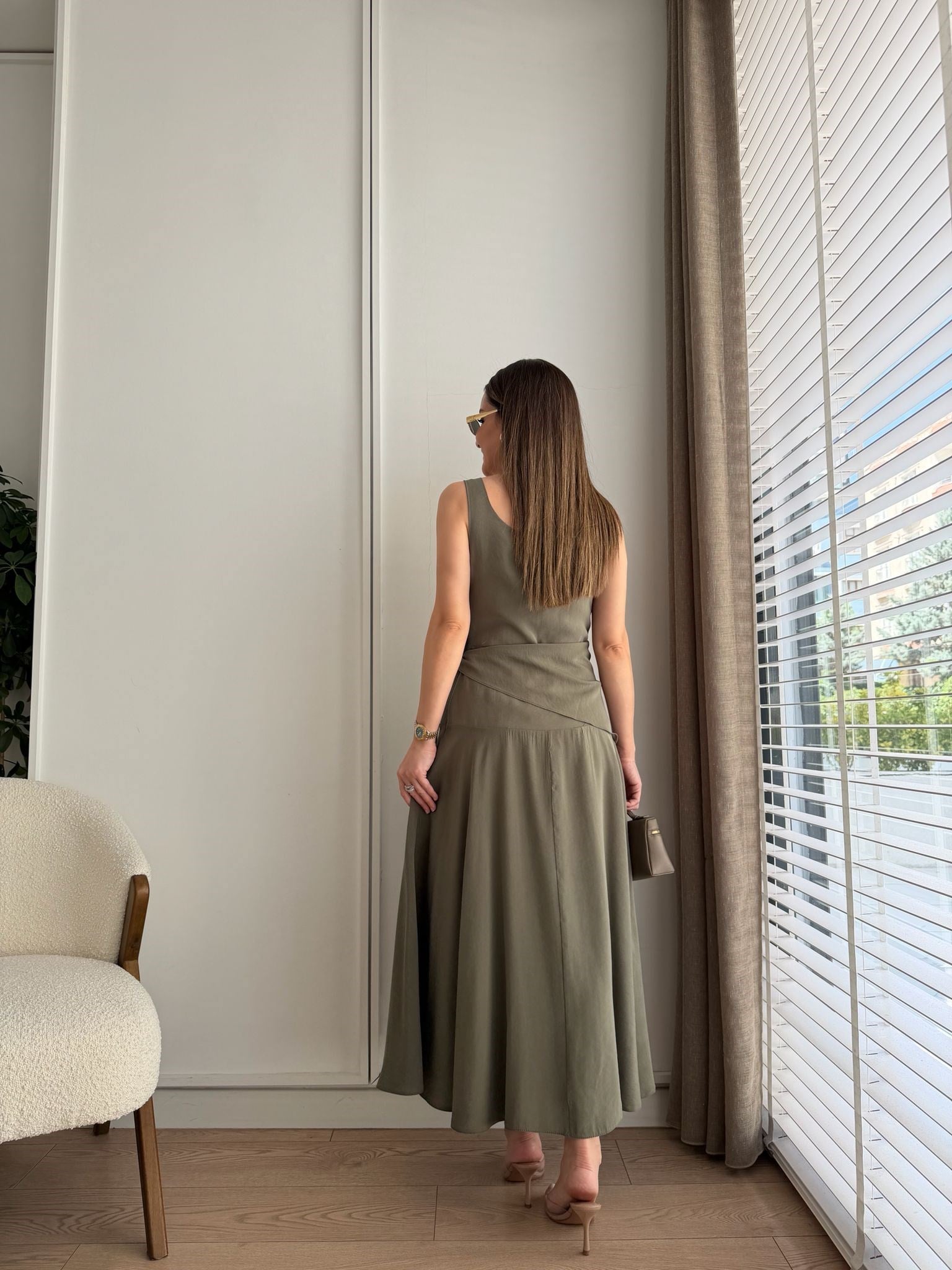 Haki Kare Yaka Yandan Bağlamalı Modal Elbise 0230