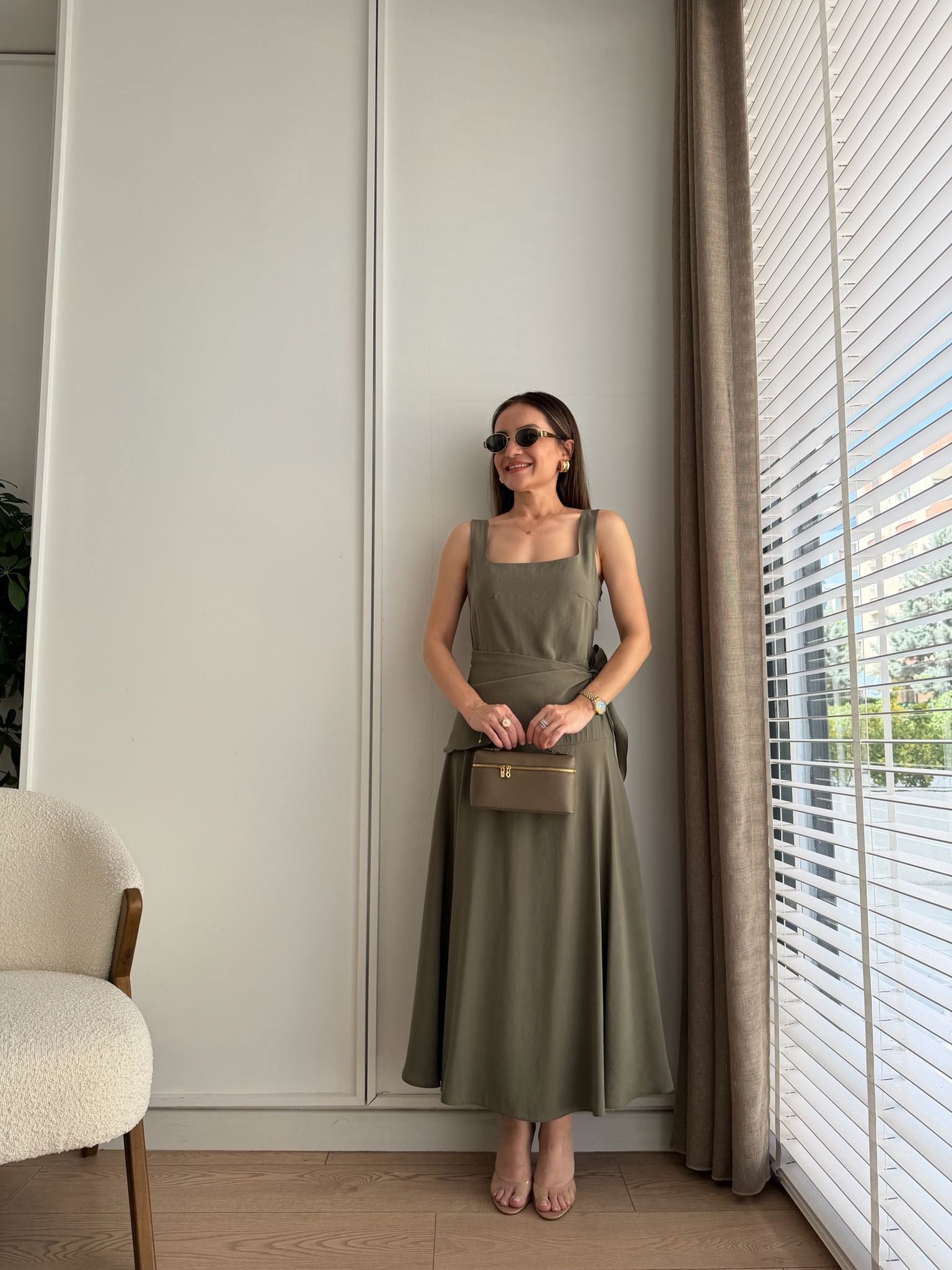 Haki Kare Yaka Yandan Bağlamalı Modal Elbise 0230