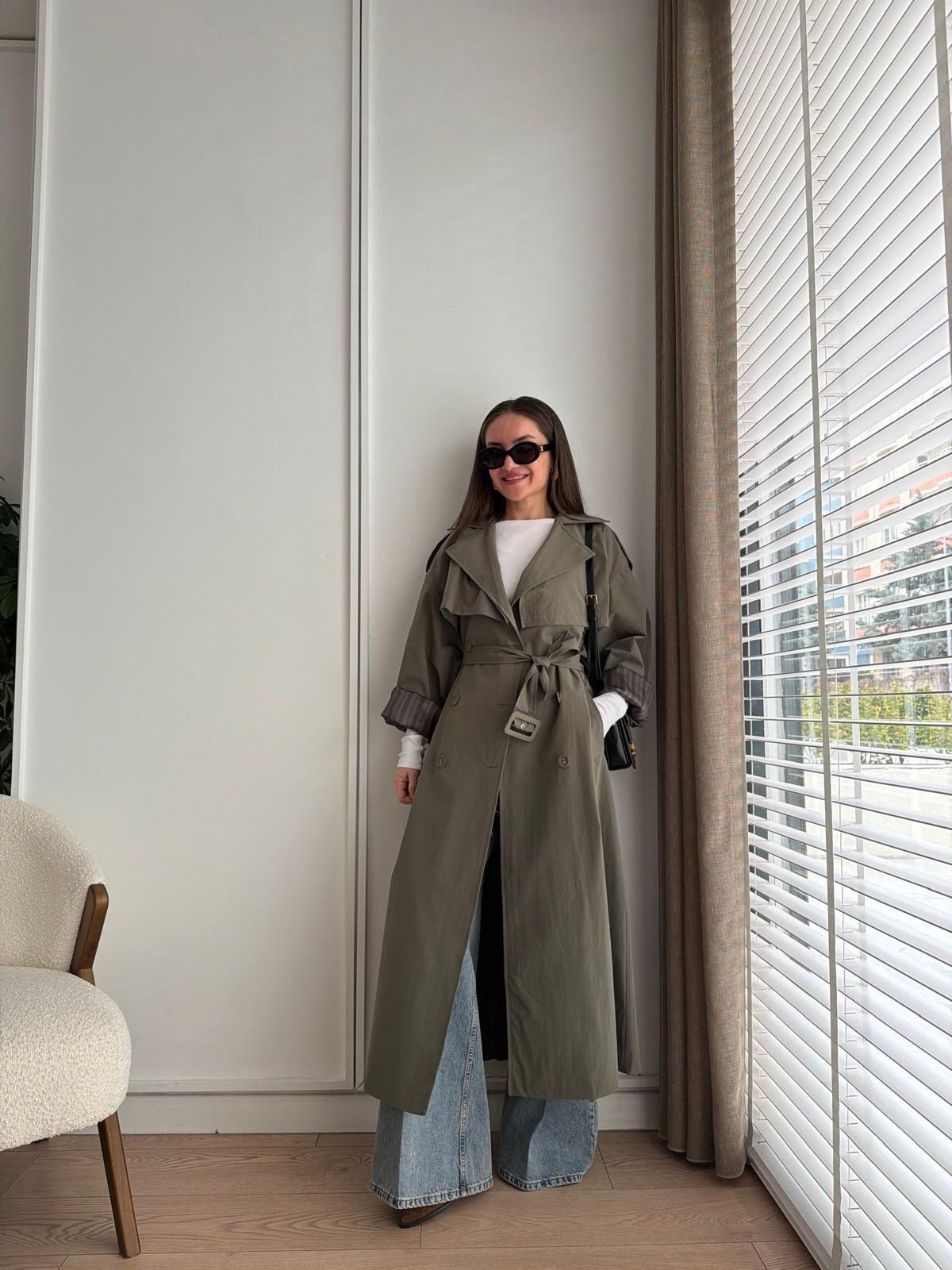 Haki Kemerli Oversize Trençkot 9637
