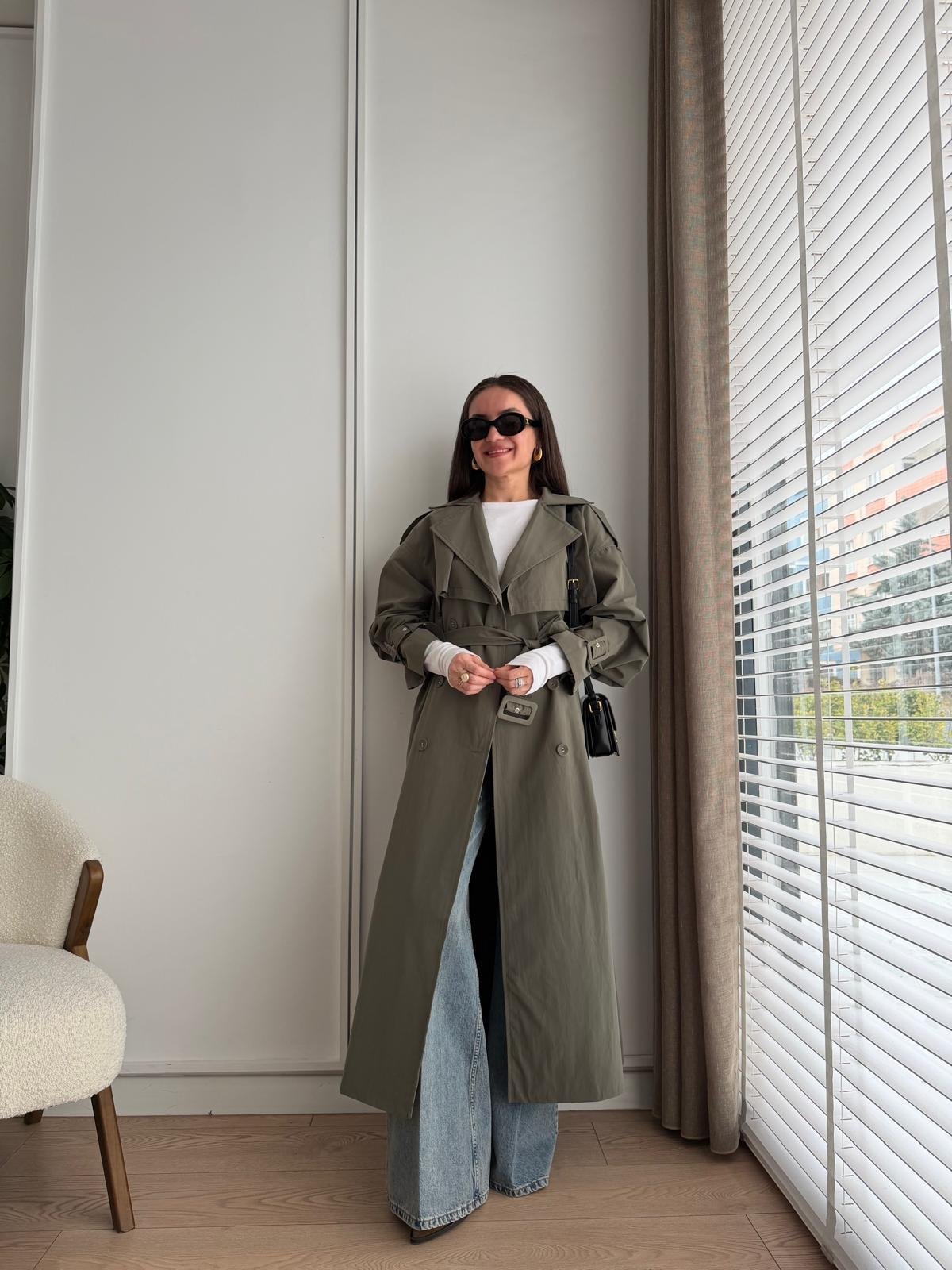 Haki Kemerli Oversize Trençkot 9637