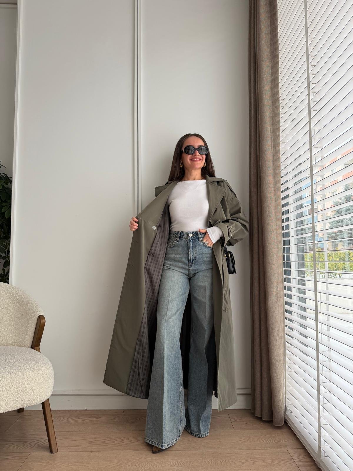 Haki Kemerli Oversize Trençkot 9637