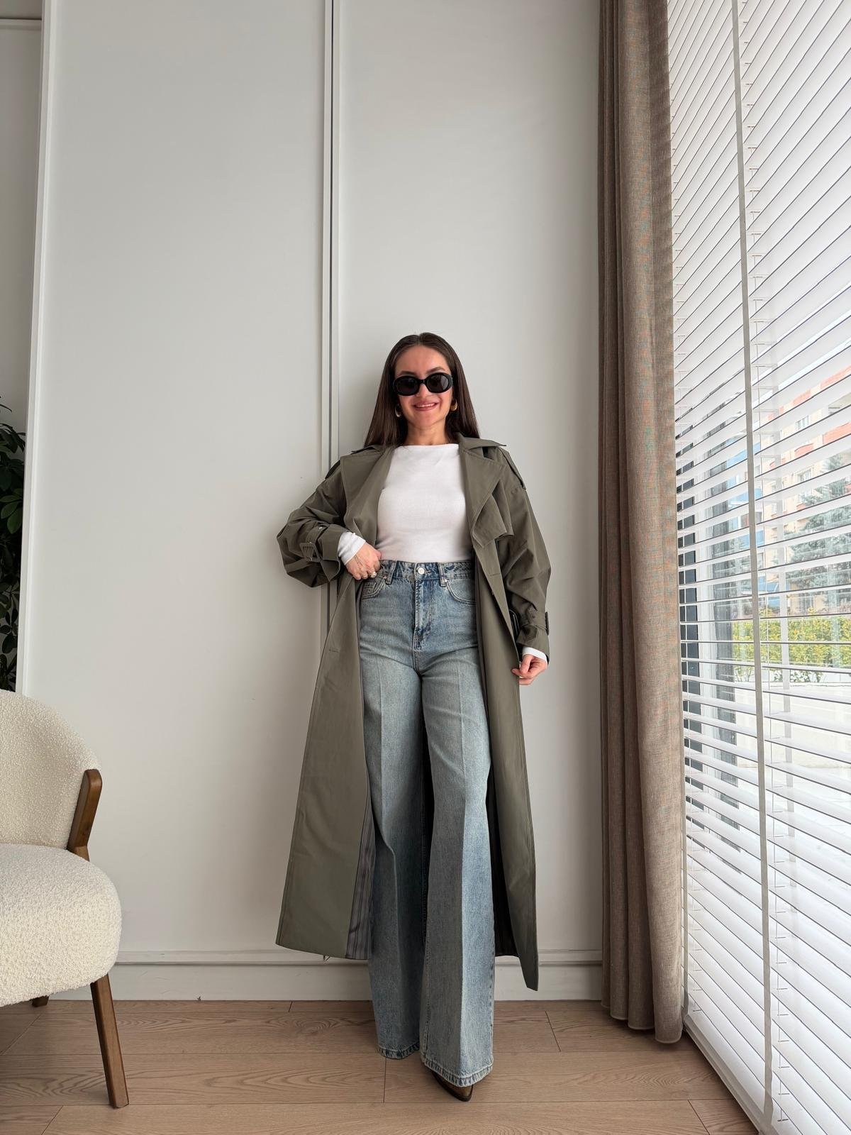 Haki Kemerli Oversize Trençkot 9637