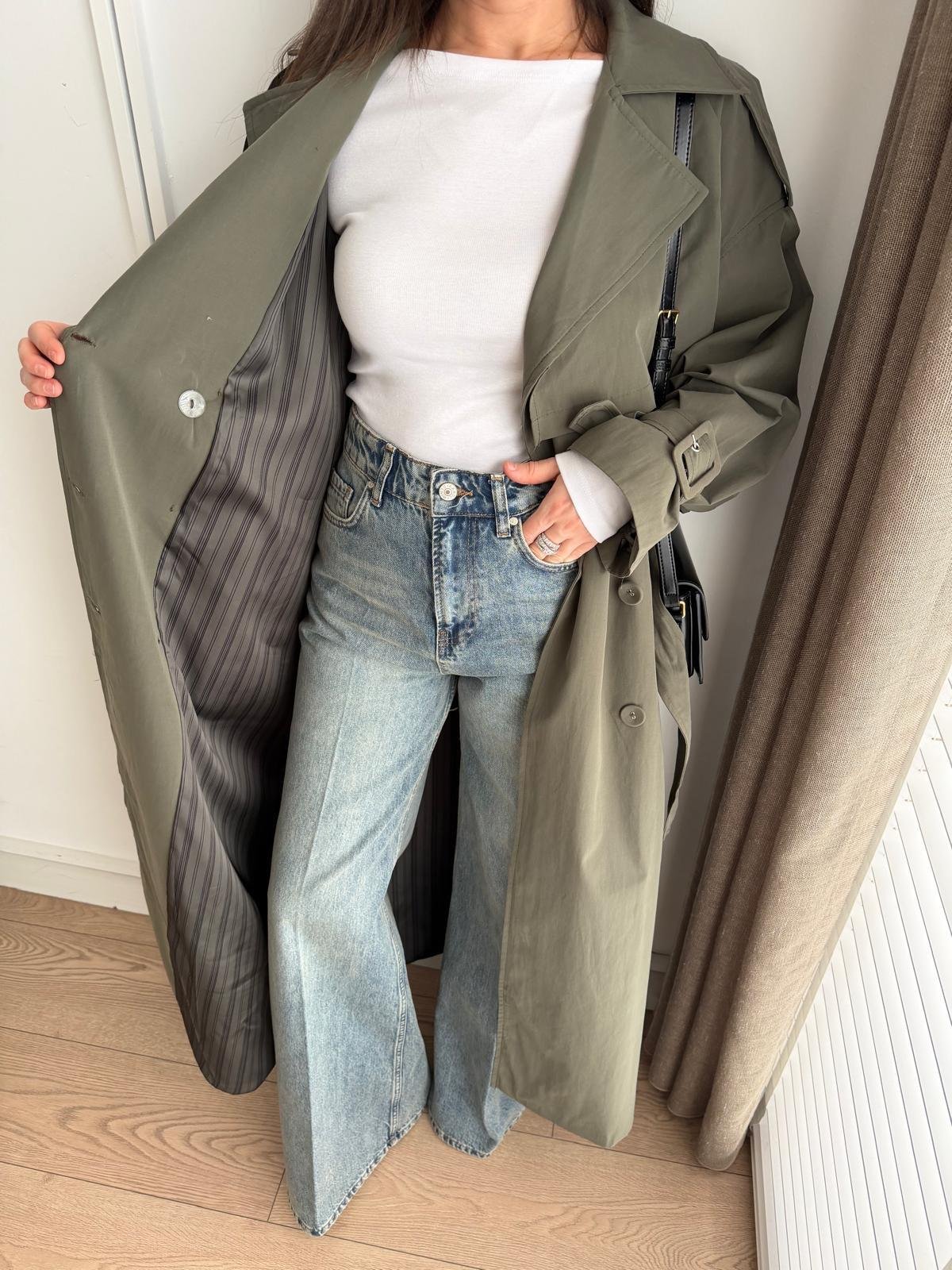 Haki Kemerli Oversize Trençkot 9637