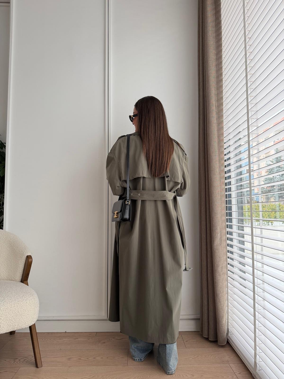 Haki Kemerli Oversize Trençkot 9637