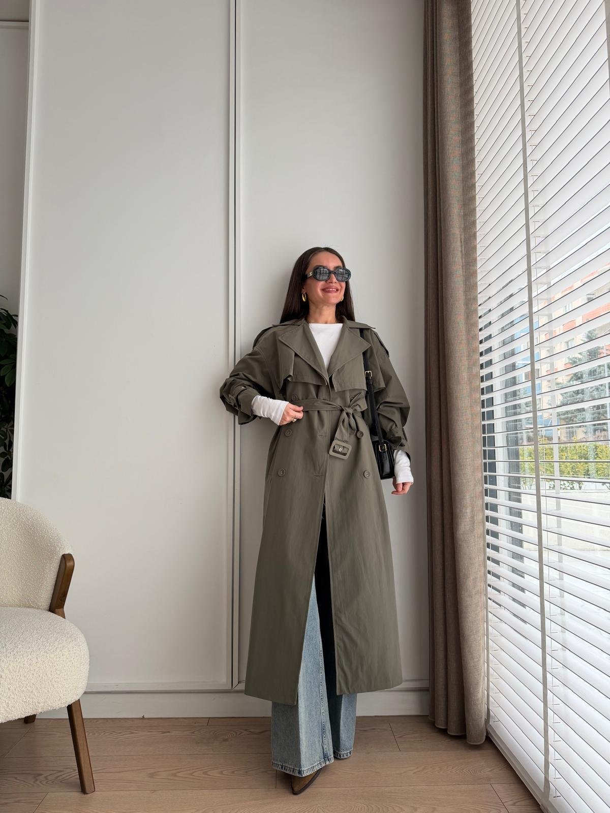 Haki Kemerli Oversize Trençkot 9637