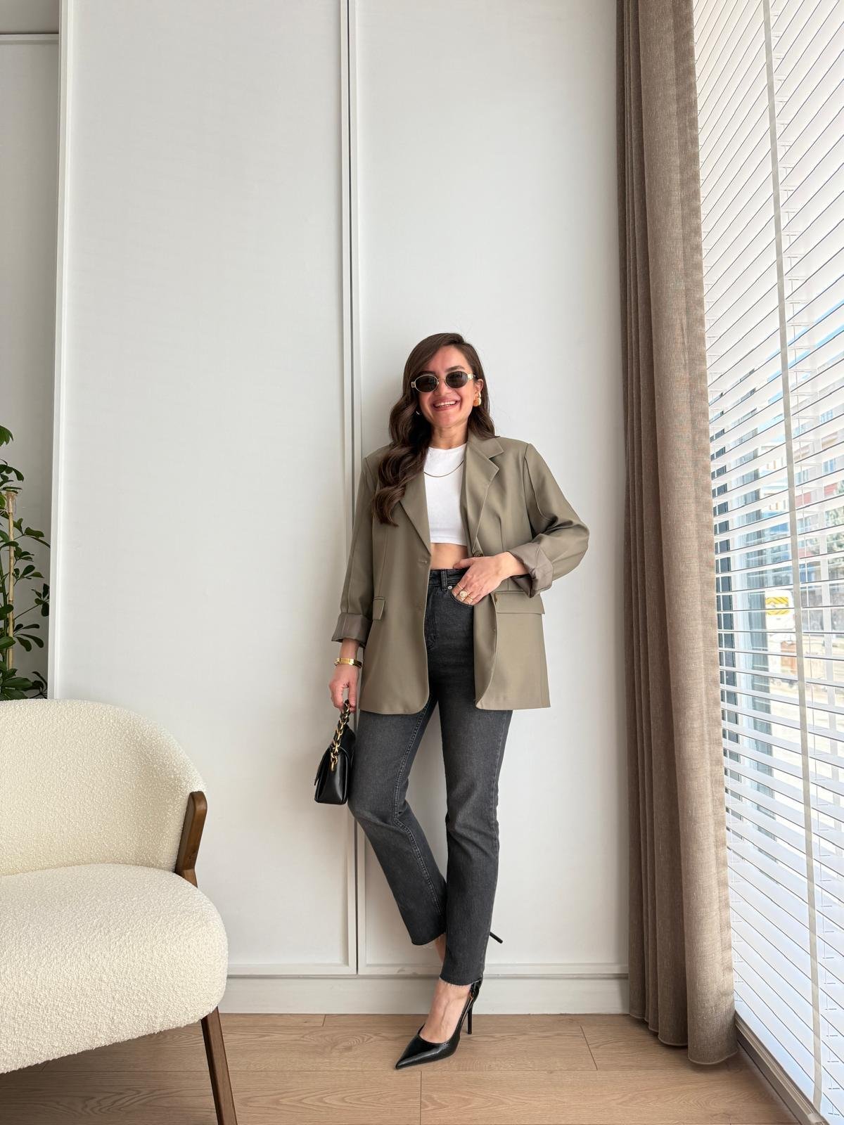 Haki Kol Dikiş Detaylı Düğmeli Blazer Ceket 7450