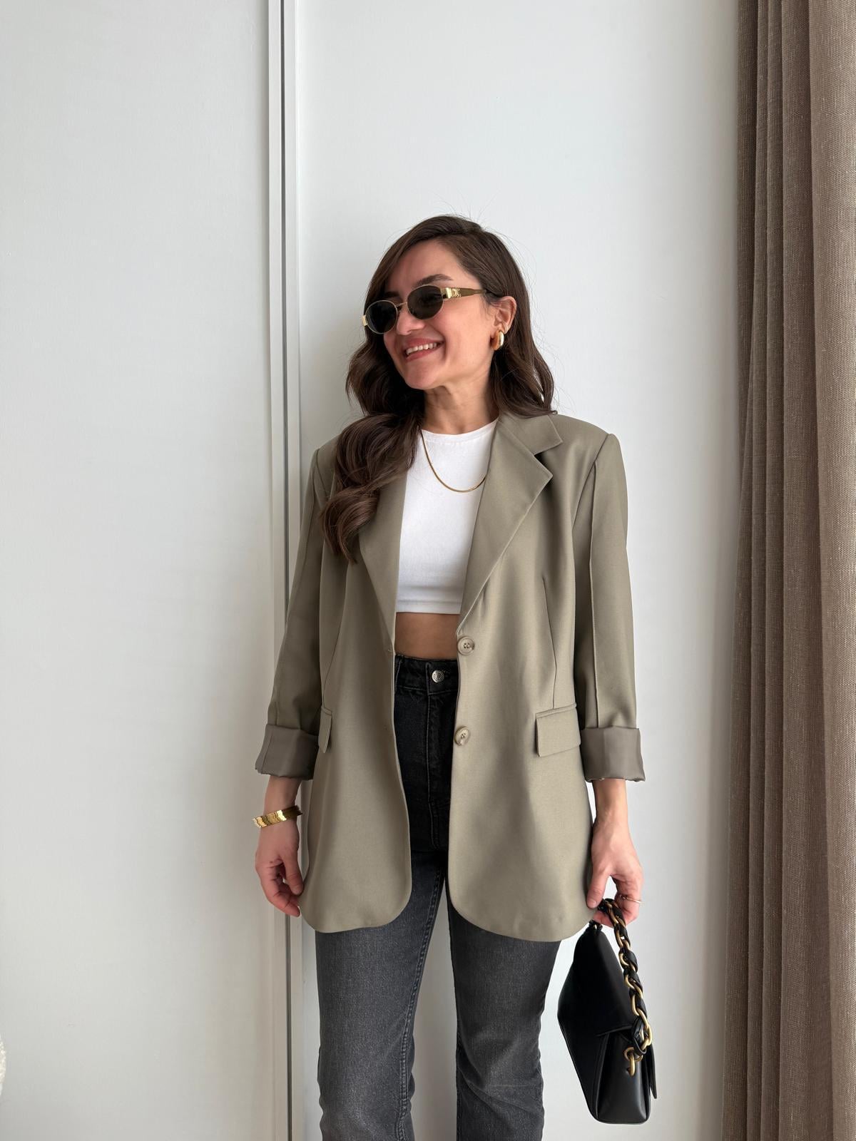 Haki Kol Dikiş Detaylı Düğmeli Blazer Ceket 7450