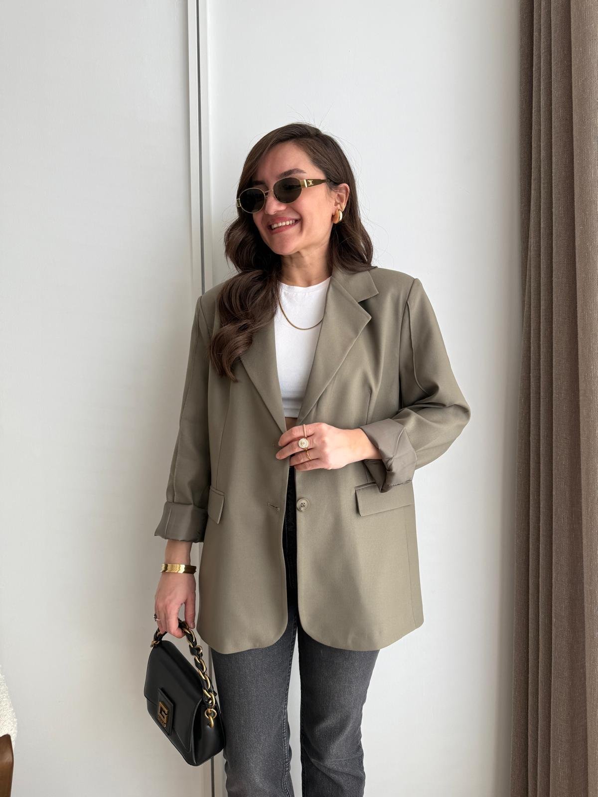 Haki Kol Dikiş Detaylı Düğmeli Blazer Ceket 7450