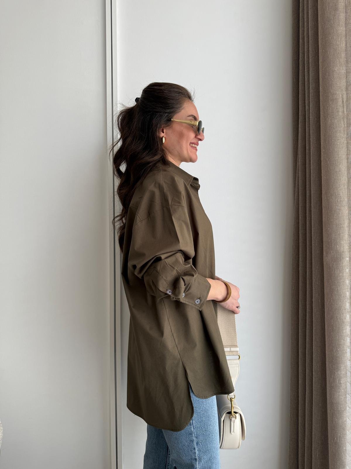 Haki Kol Manşetli Cepli Oversize Gömlek 5260