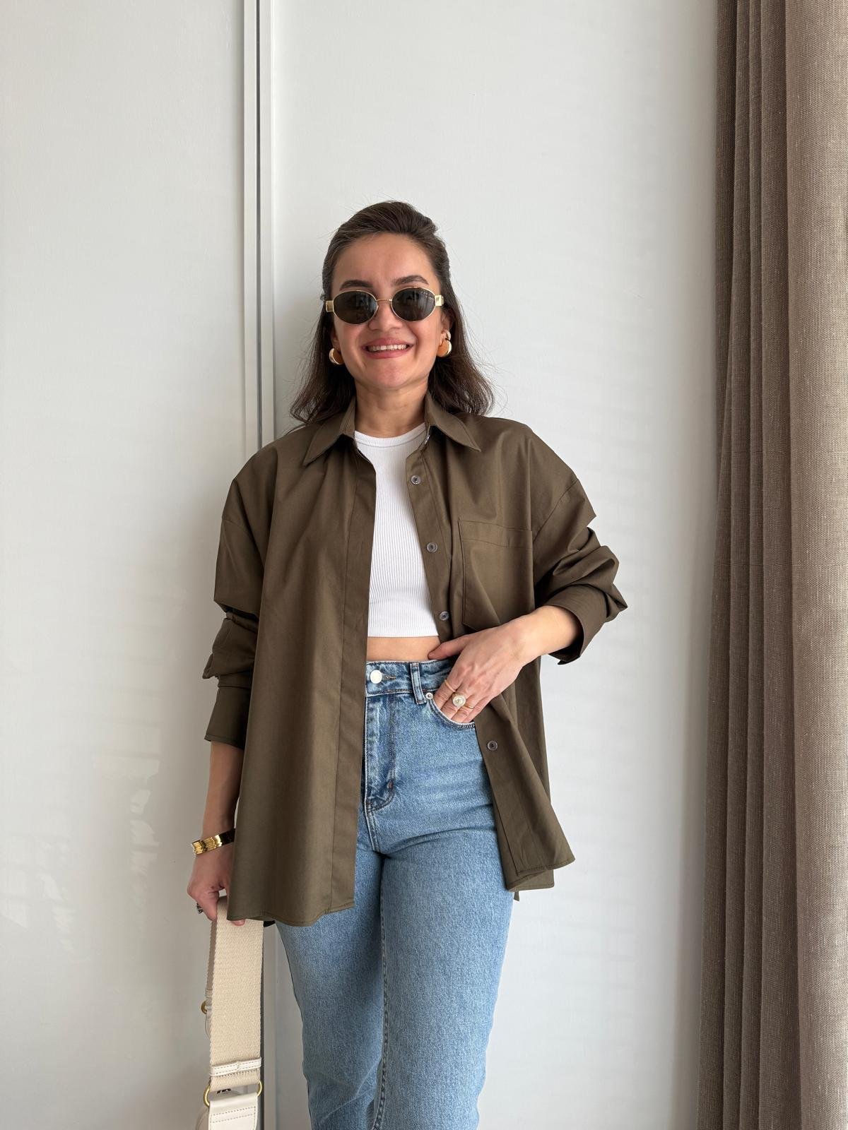 Haki Kol Manşetli Cepli Oversize Gömlek 5260