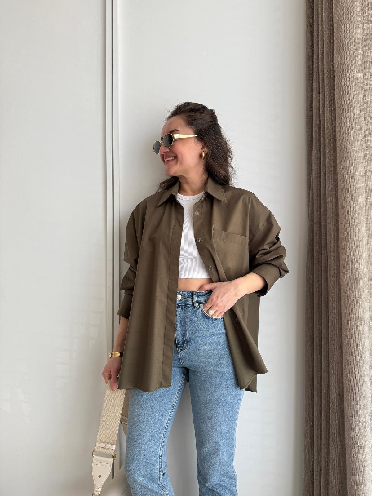 Haki Kol Manşetli Cepli Oversize Gömlek 5260