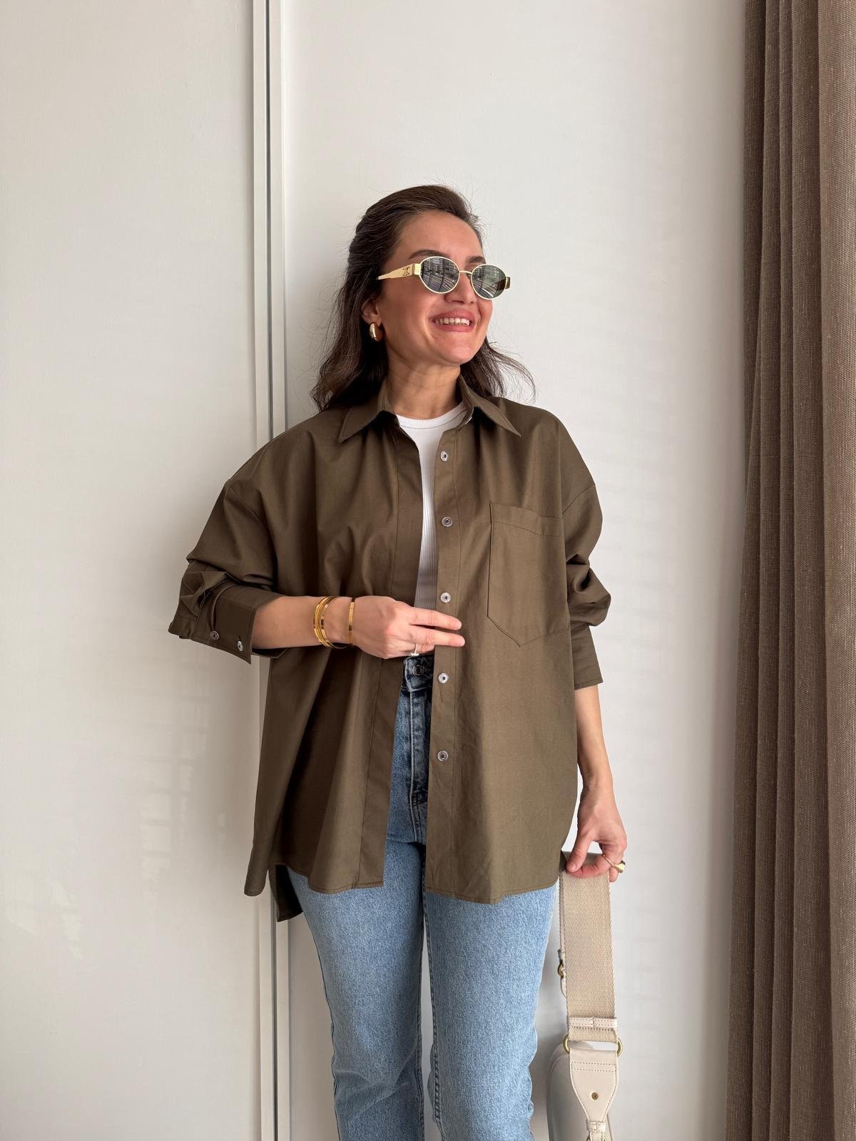 Haki Kol Manşetli Cepli Oversize Gömlek 5260