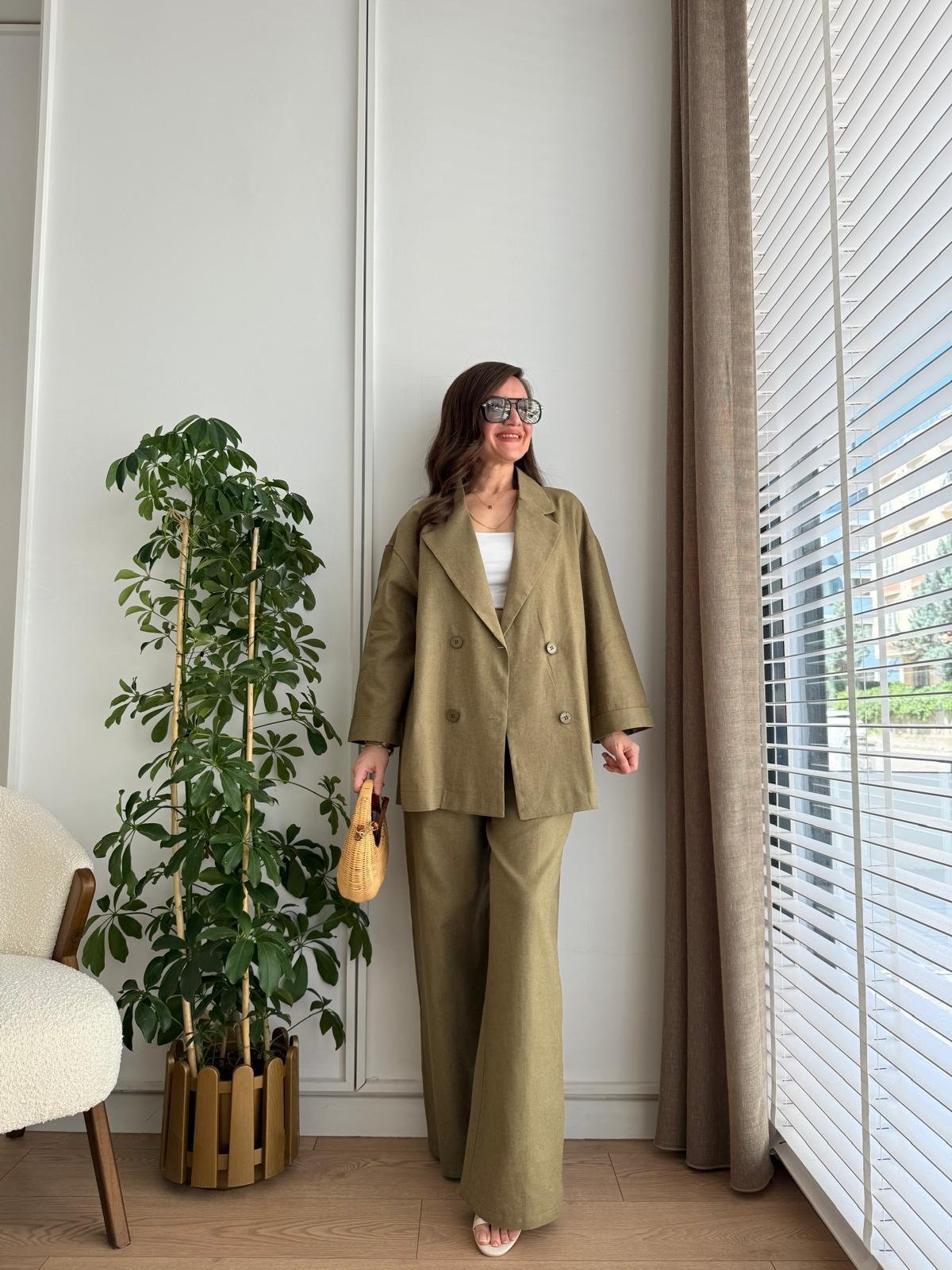 Haki Kruvaze Yaka Double Kol Ceket Pantolon Takım 7229