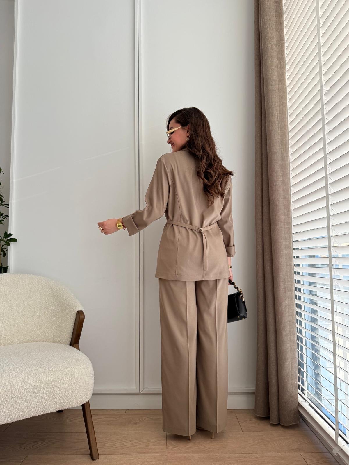Haki Kruvaze Yaka Düğme Detaylı Ceket Pantolon Takım 8641