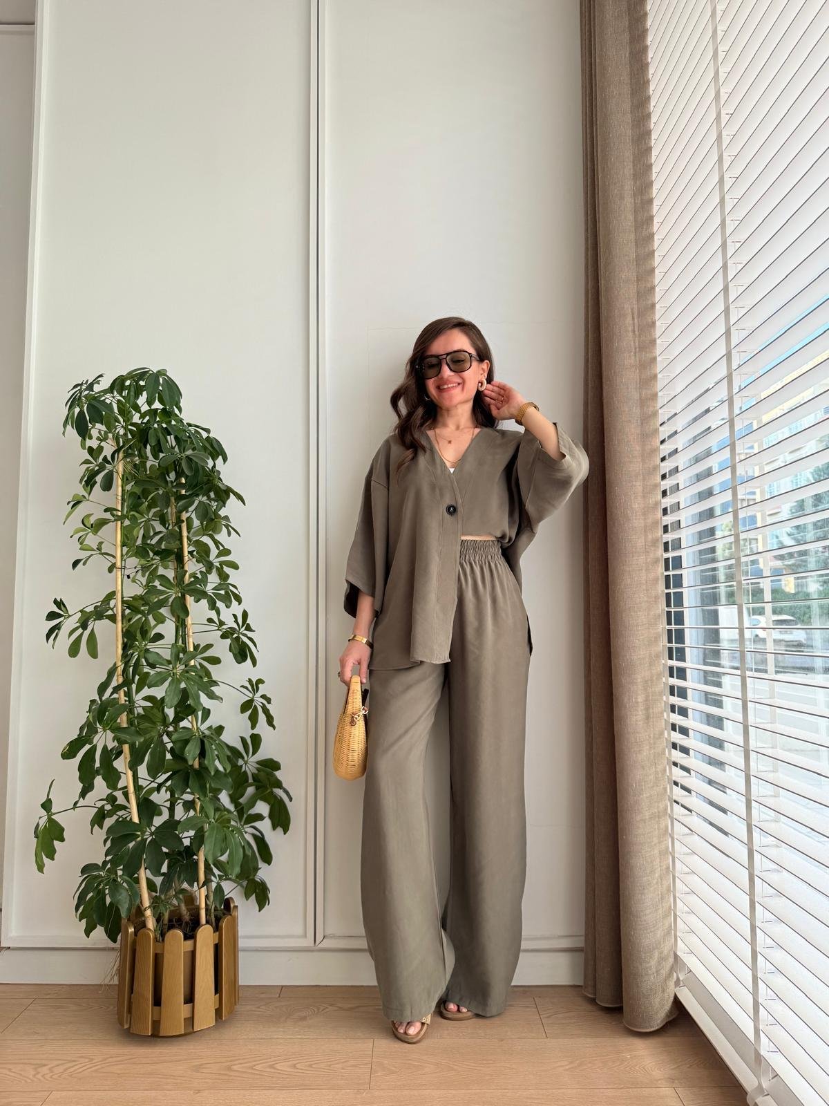 Haki Kruvaze Yaka Düğmeli Kimono Takım 1121