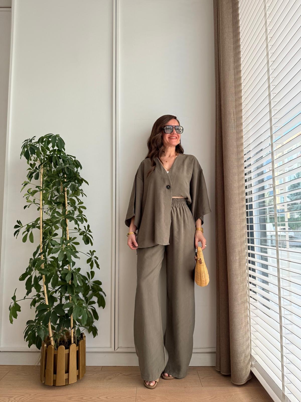 Haki Kruvaze Yaka Düğmeli Kimono Takım 1121
