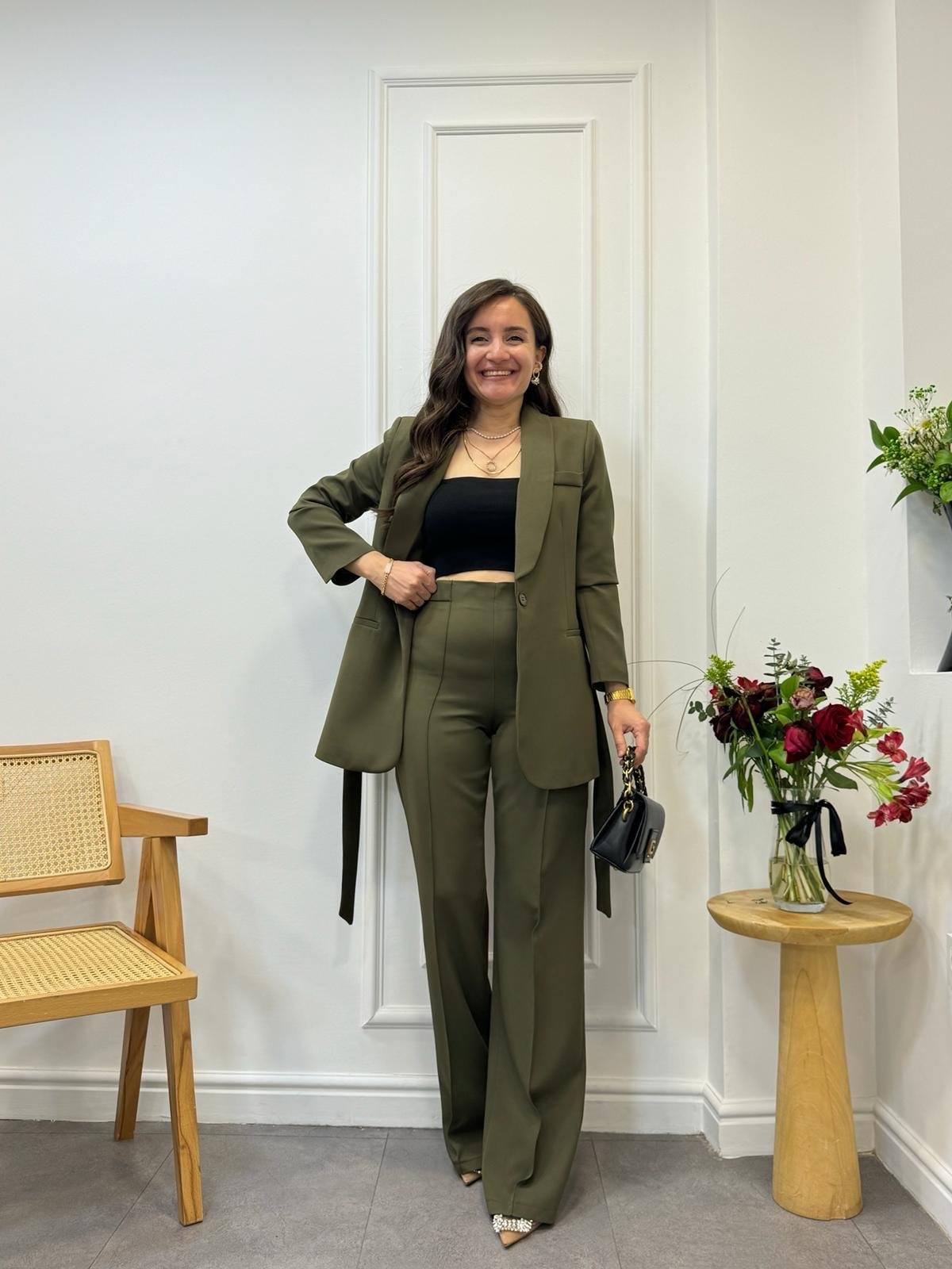 Haki Kuşaklı Blazer Pantolon Takım 3058