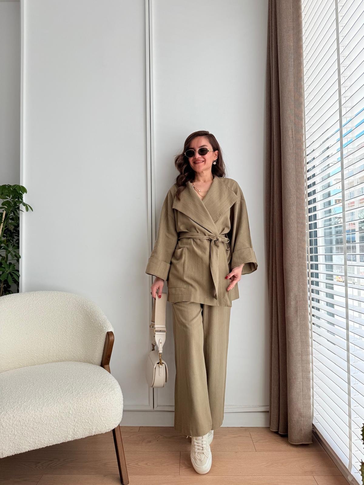 Haki Kuşaklı Cepli Kimono Takım 8447